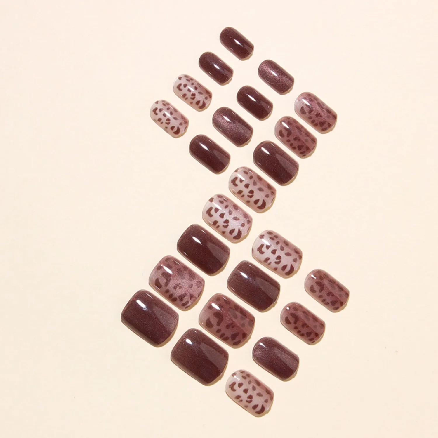 Fall Press on Nails Short Square Fake Nails with Leopard Cat Eye Designs Glossy Nails Press ons Brown Glue on Nails Full Cover Acrylic Nails Autumn Stick on Nails for Women 24Pcs