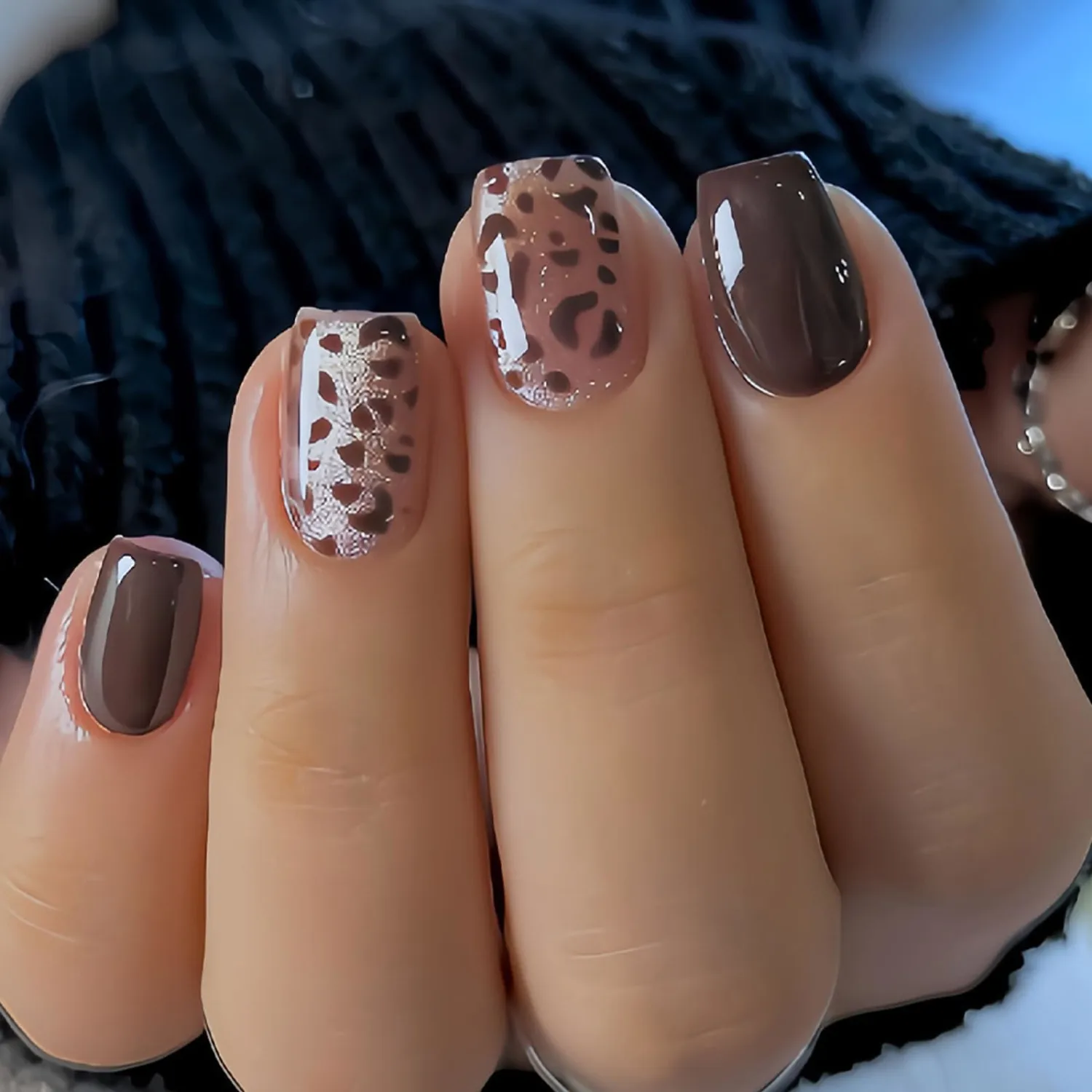 Fall Press on Nails Short Square Fake Nails with Leopard Cat Eye Designs Glossy Nails Press ons Brown Glue on Nails Full Cover Acrylic Nails Autumn Stick on Nails for Women 24Pcs