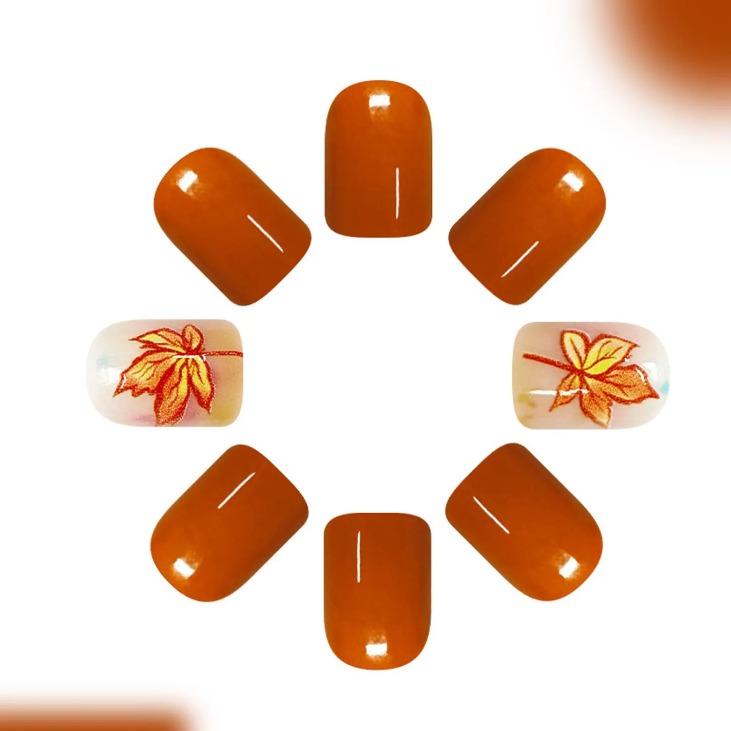 Maple Press on Nails Short Square Fake Nails with Full Cover Designs Orange Nails Press ons Glossy Glue on Nails Fall False Nails Autumn Stick on Nails for Women 24Pcs