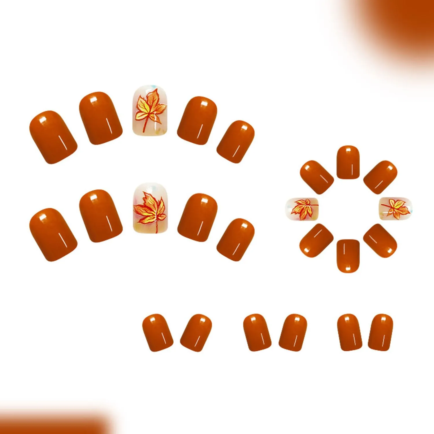 Maple Press on Nails Short Square Fake Nails with Full Cover Designs Orange Nails Press ons Glossy Glue on Nails Fall False Nails Autumn Stick on Nails for Women 24Pcs