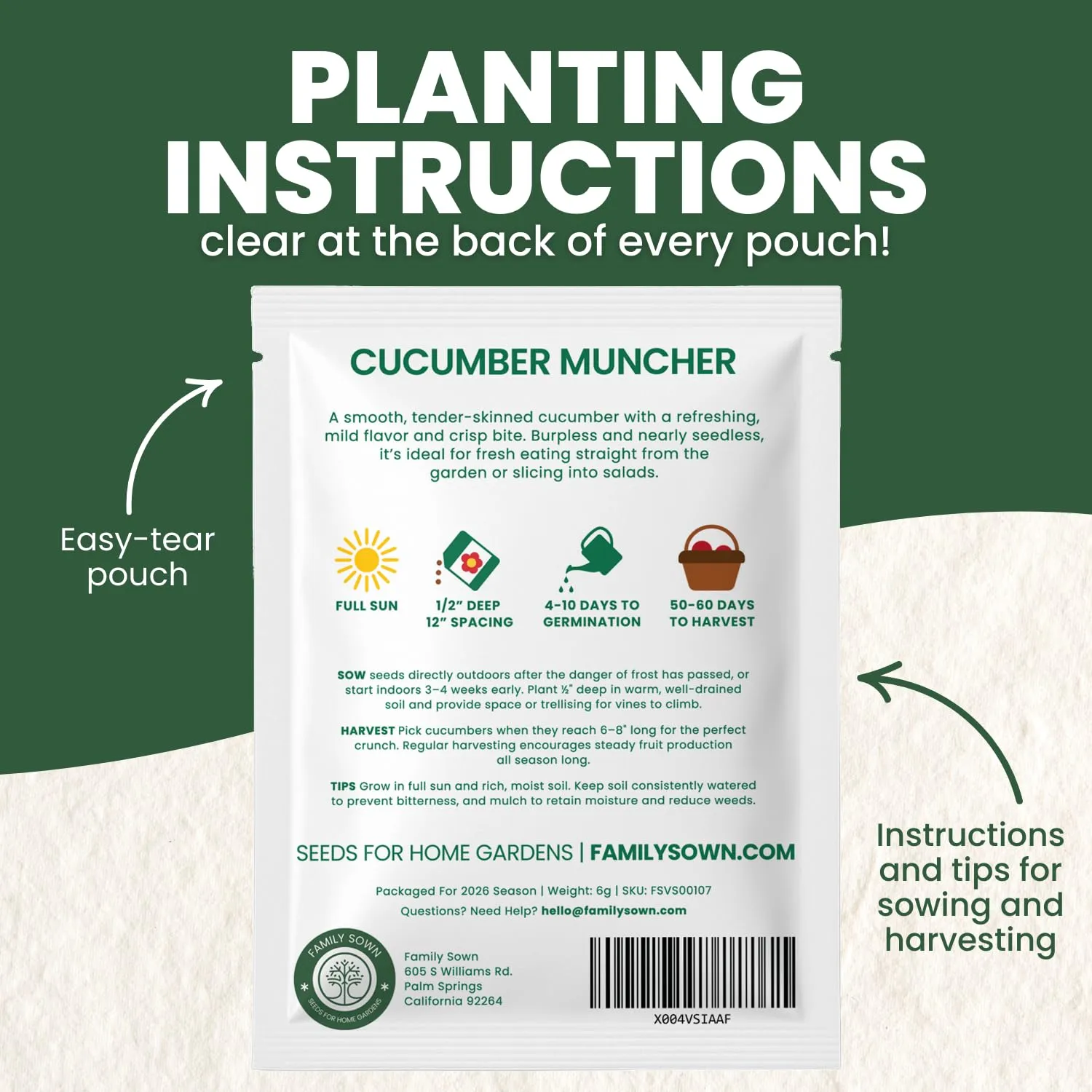 Cucumber Muncher – 200 Premium Seeds for Planting – Sweet, Tender, Heat-Tolerant Slicer for the 2026 Season – 6 Gram Pouch
