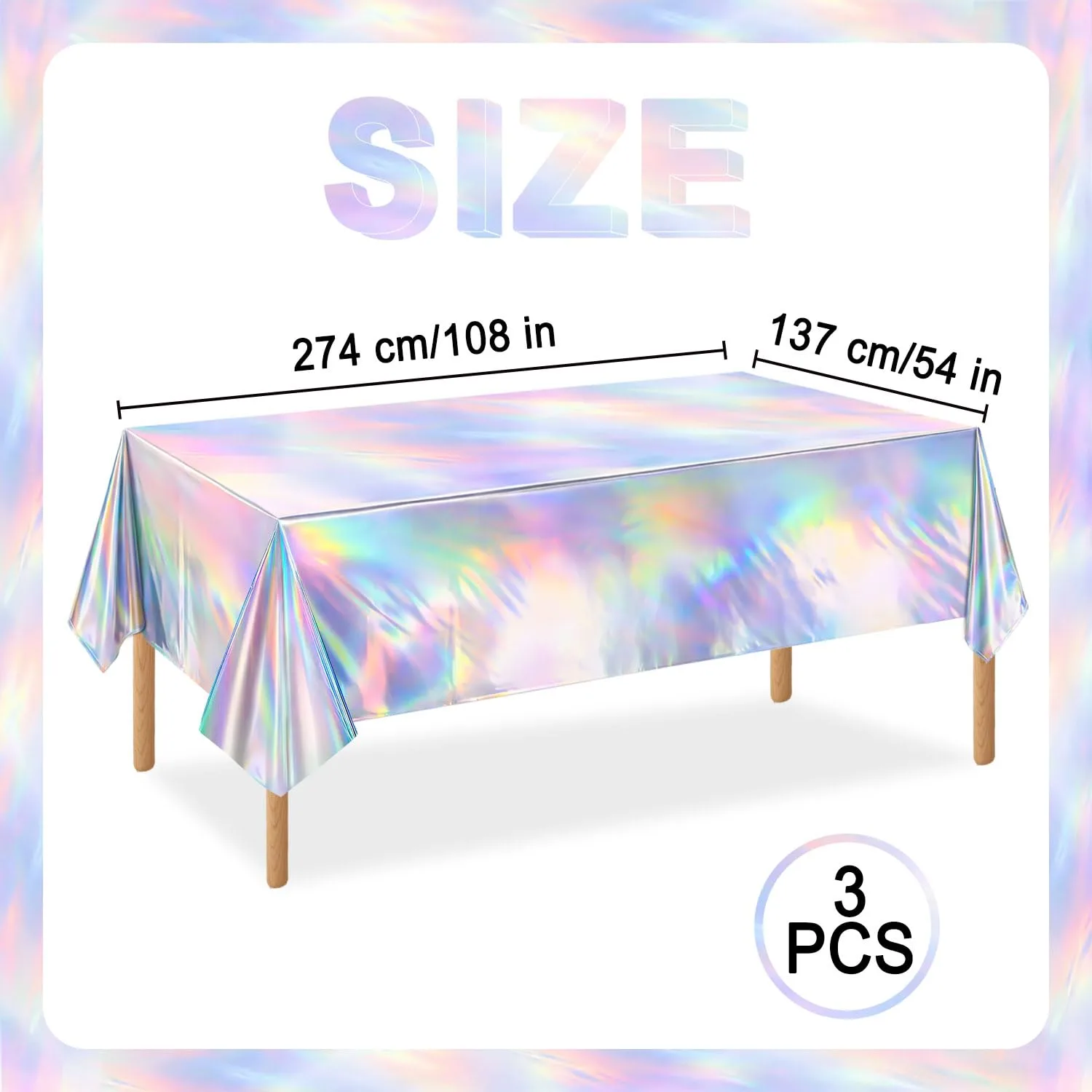 3 Pack Iridescent Tablecloths, Shiny Disposable Foil Plastic Holographic Table Covers for Rainbow Disco Bachelorette Bridal Wedding Party Decorations, 54" x 108"