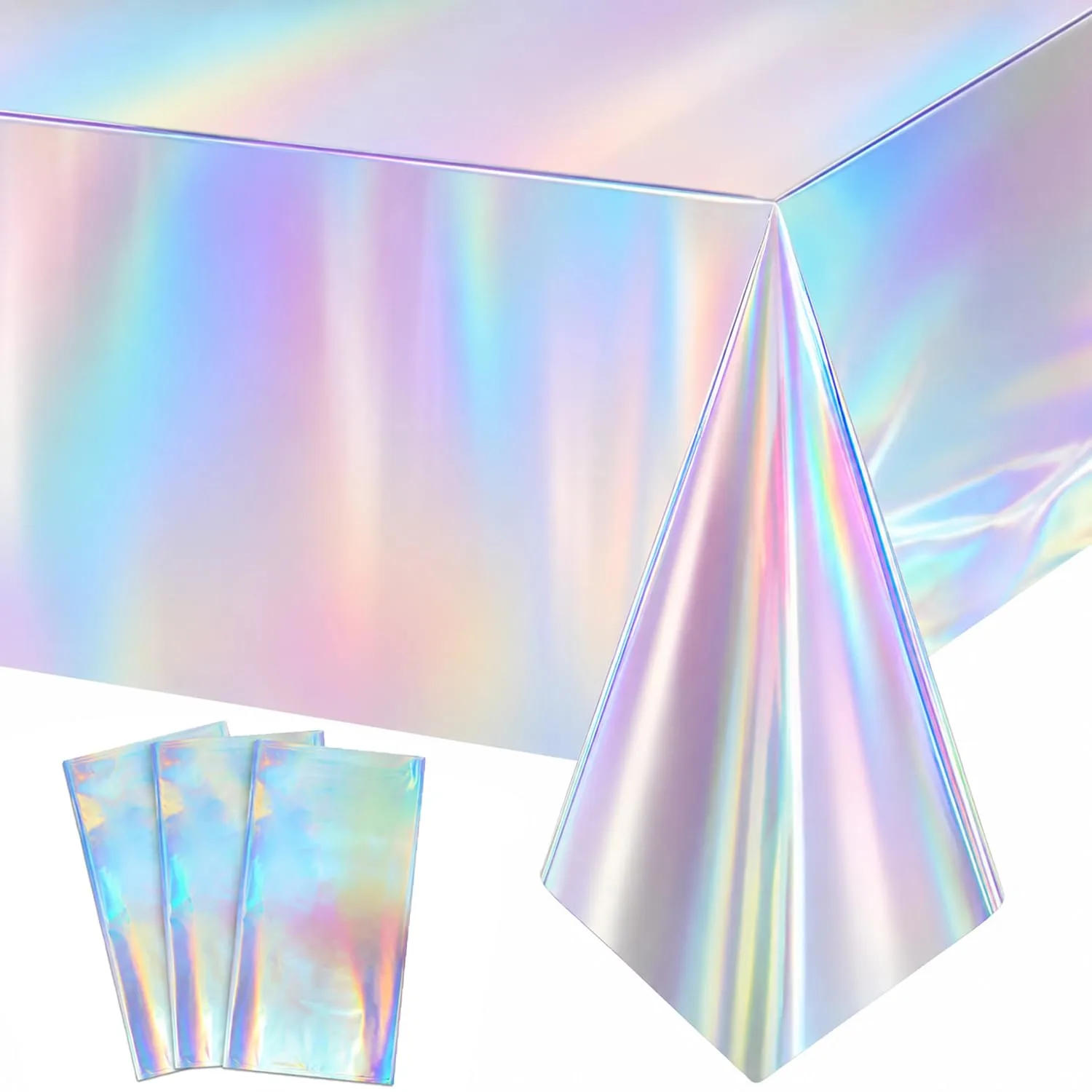 3 Pack Iridescent Tablecloths, Shiny Disposable Foil Plastic Holographic Table Covers for Rainbow Disco Bachelorette Bridal Wedding Party Decorations, 54" x 108"
