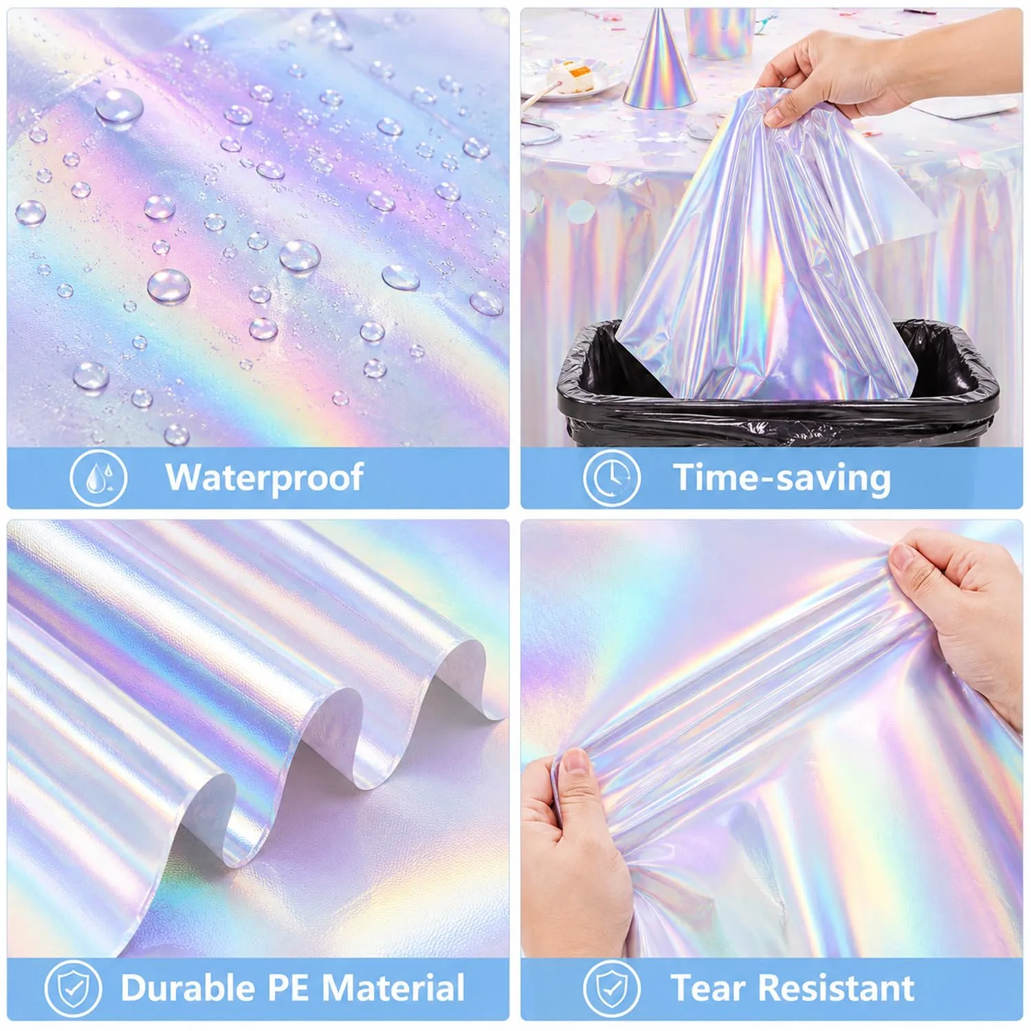 3 Pack Iridescent Tablecloths, Shiny Disposable Foil Plastic Holographic Table Covers for Rainbow Disco Bachelorette Bridal Wedding Party Decorations, 54" x 108"