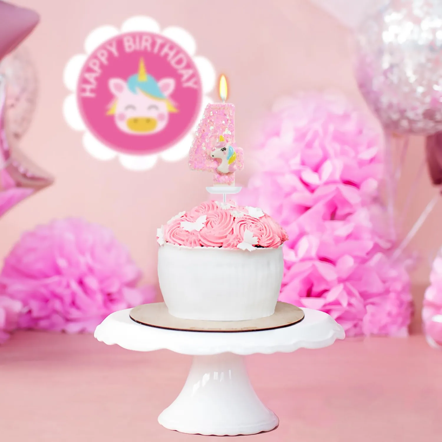 Birthday Candles - Number 4 Candle, 4th Birthday Decorations Girl, Pink Unicorn Candles for Cake Topper, Cartoon Theme Party Supplies