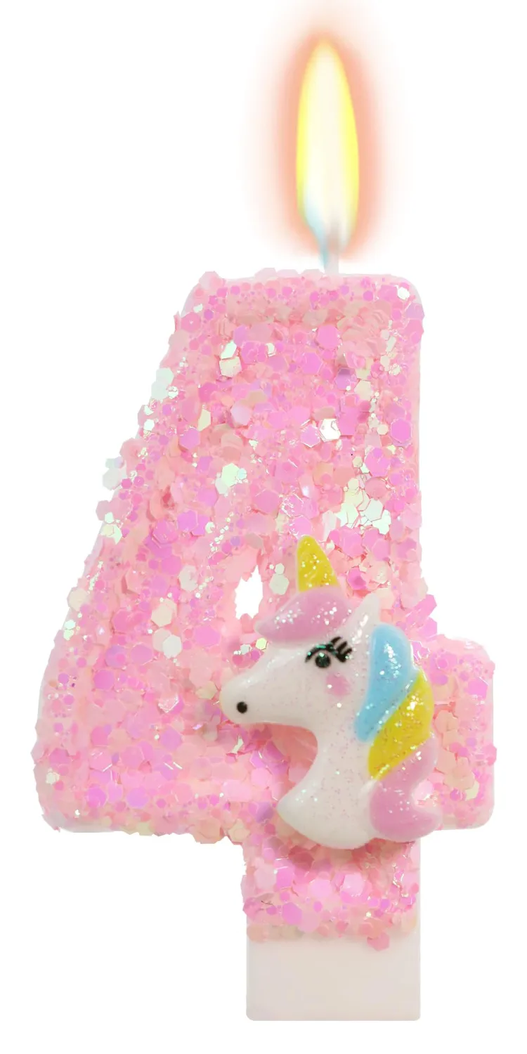 Birthday Candles - Number 4 Candle, 4th Birthday Decorations Girl, Pink Unicorn Candles for Cake Topper, Cartoon Theme Party Supplies