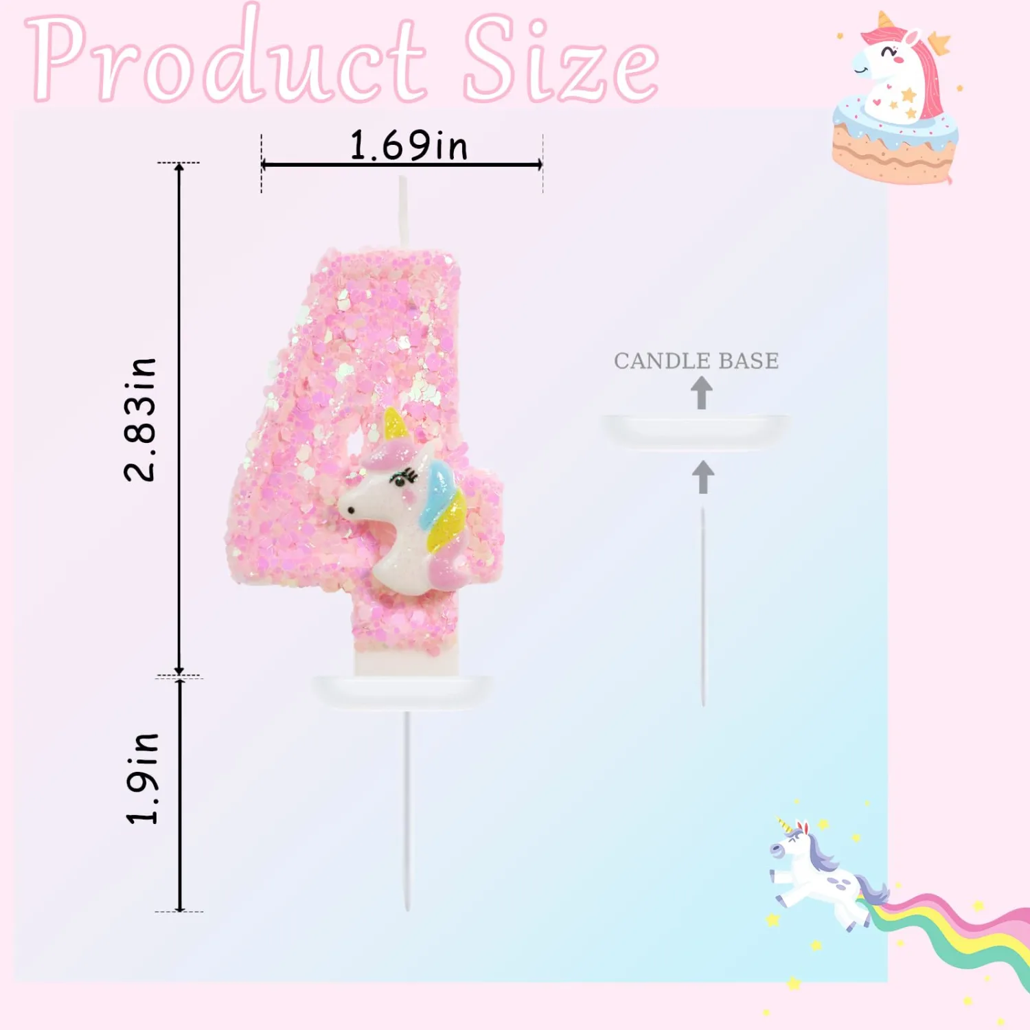 Birthday Candles - Number 4 Candle, 4th Birthday Decorations Girl, Pink Unicorn Candles for Cake Topper, Cartoon Theme Party Supplies