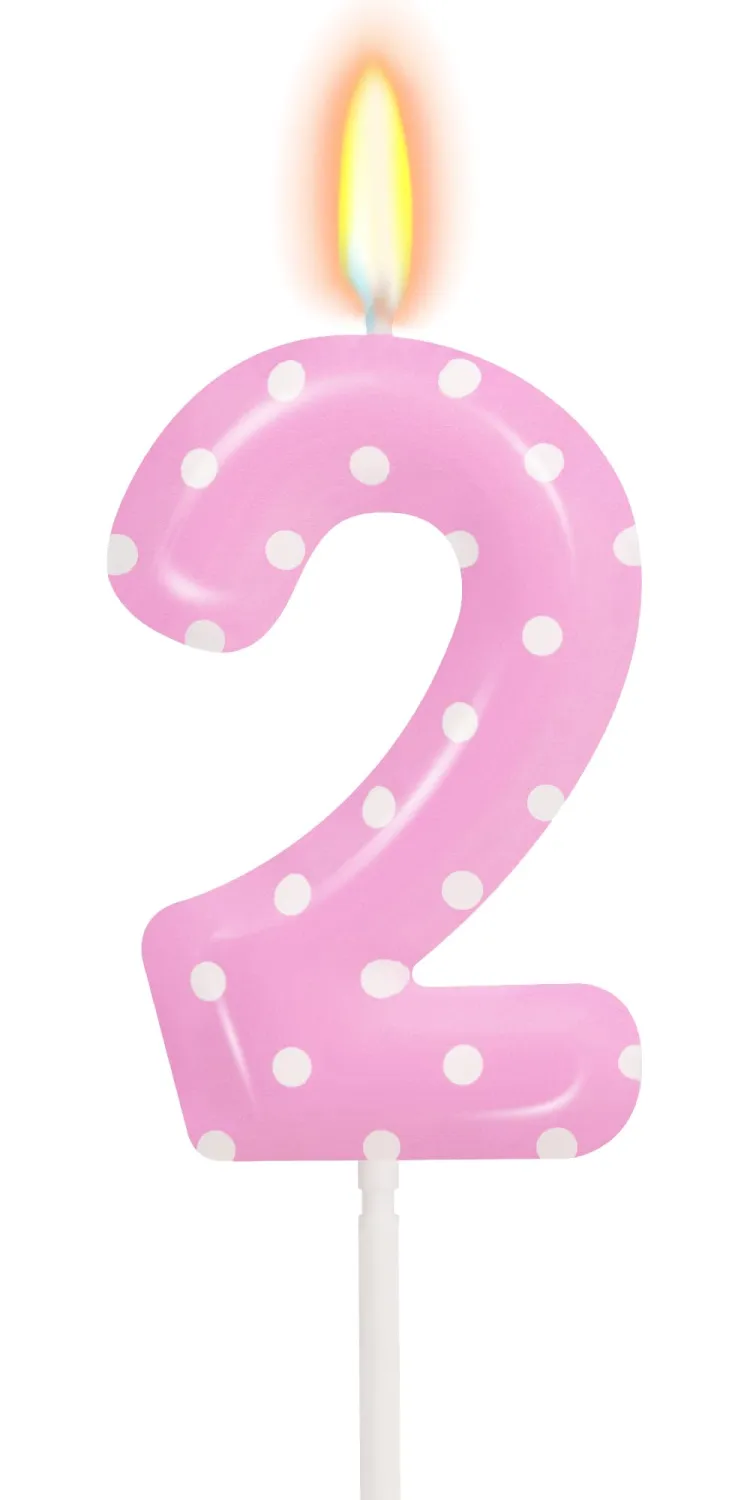 Pink Polka Dot Number 2 Candle, 2nd Birthday Decorations for Girl, Happy Birthday Cake Topper for Party Supplies & Favors