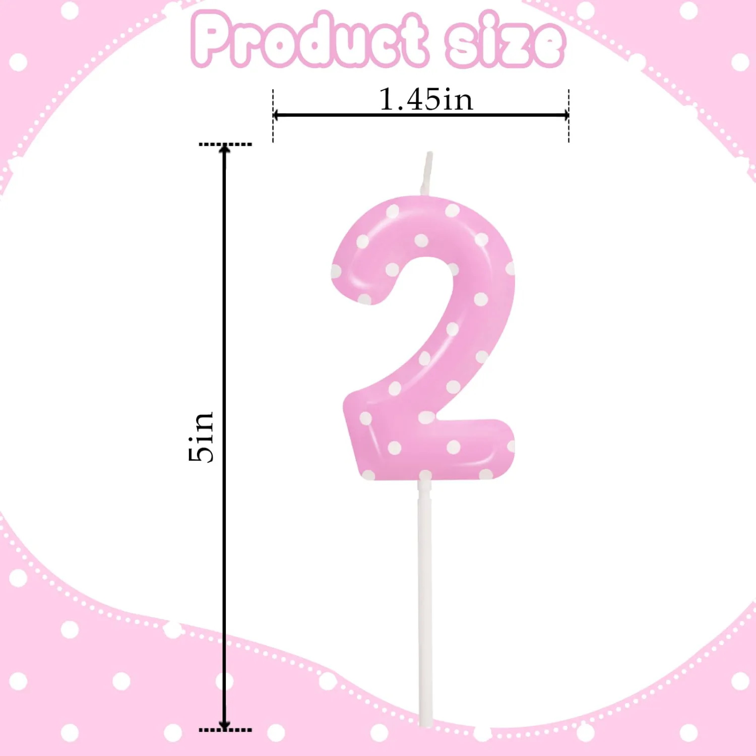 Pink Polka Dot Number 2 Candle, 2nd Birthday Decorations for Girl, Happy Birthday Cake Topper for Party Supplies & Favors
