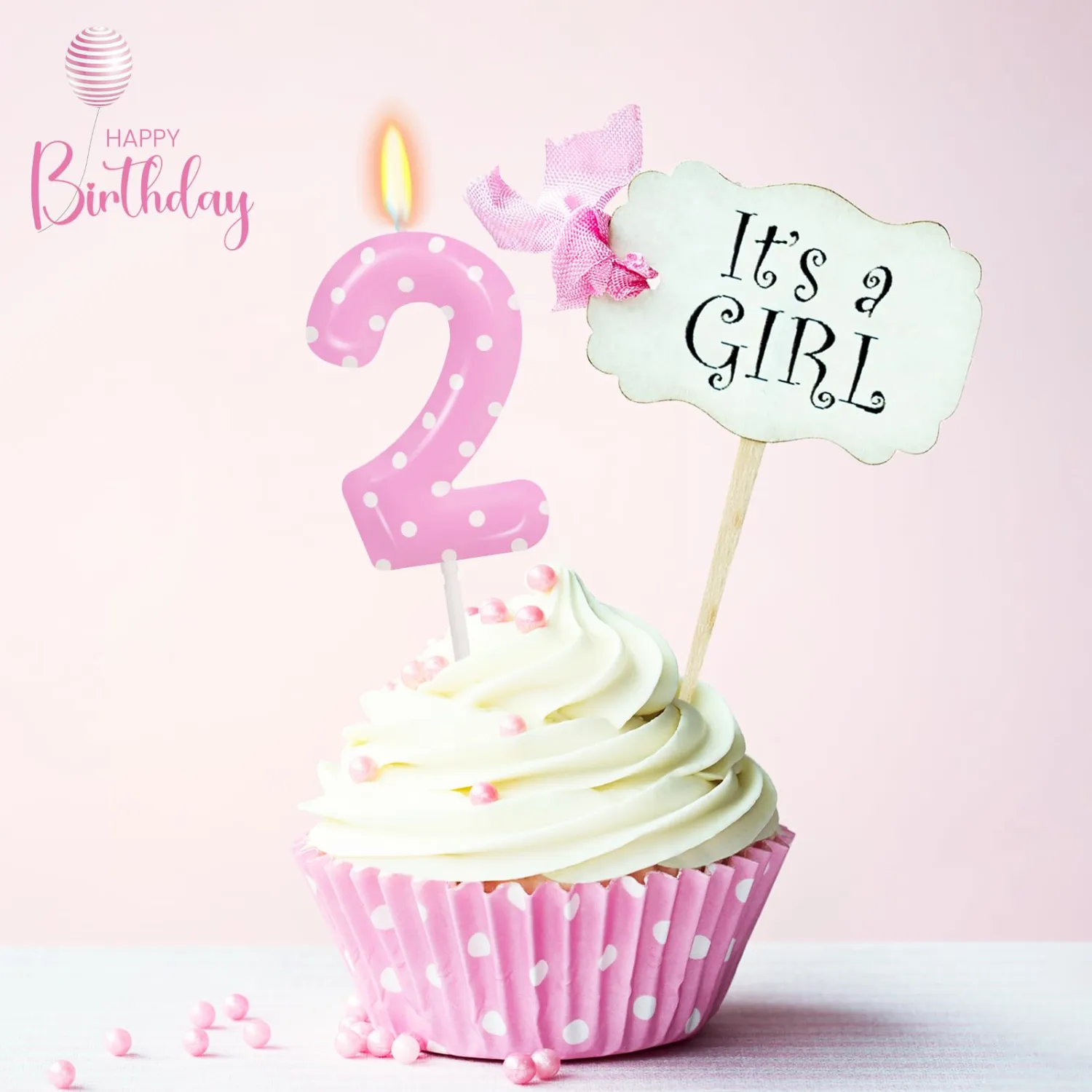 Pink Polka Dot Number 2 Candle, 2nd Birthday Decorations for Girl, Happy Birthday Cake Topper for Party Supplies & Favors