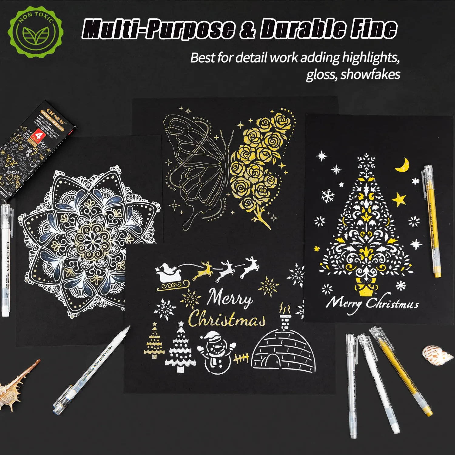 Qionew Gold Silver White Gel Pens,1mm Gel Ink Pen,Opaque Ink Gel Pen,3 Pack | Opaque Ink, Gel Pen for Artists, for Black Paper Drawing, Holiday Crafts, Illustration, Card Making, Bullet Journaling