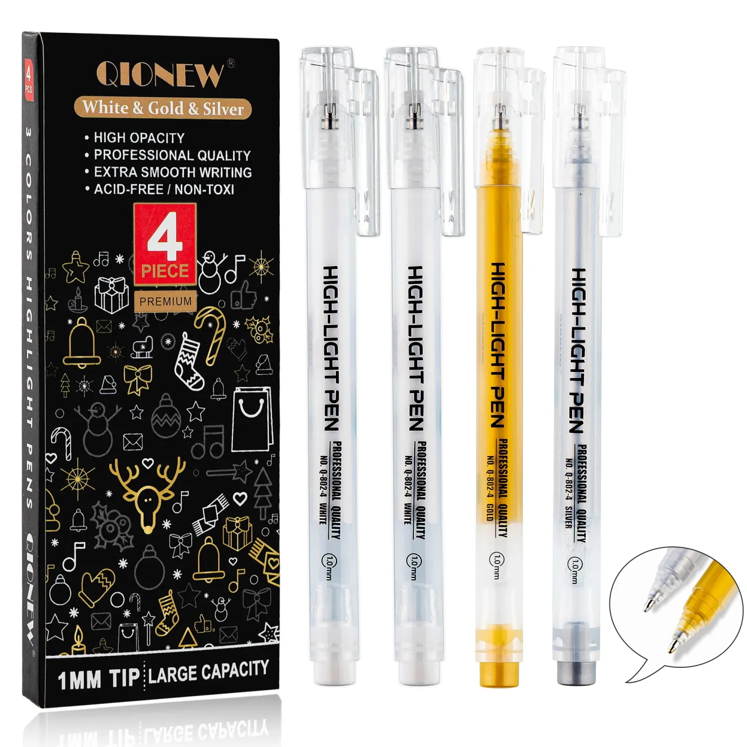 Qionew Gold Silver White Gel Pens,1mm Gel Ink Pen,Opaque Ink Gel Pen,3 Pack | Opaque Ink, Gel Pen for Artists, for Black Paper Drawing, Holiday Crafts, Illustration, Card Making, Bullet Journaling