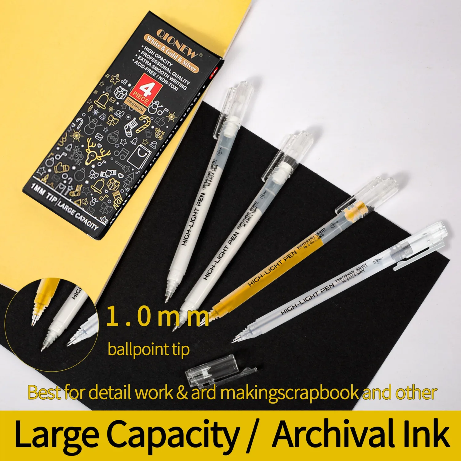 Qionew Silver Gel Pens, 1mm Fine Point Gel Pen,Opaque Silver Pens, 3 Pack | Opaque Ink Silver Pens, Gel Pen Set for Artists,for Black Paper Drawing, Card Making,Journaling, Coloring, Bullet Journaling