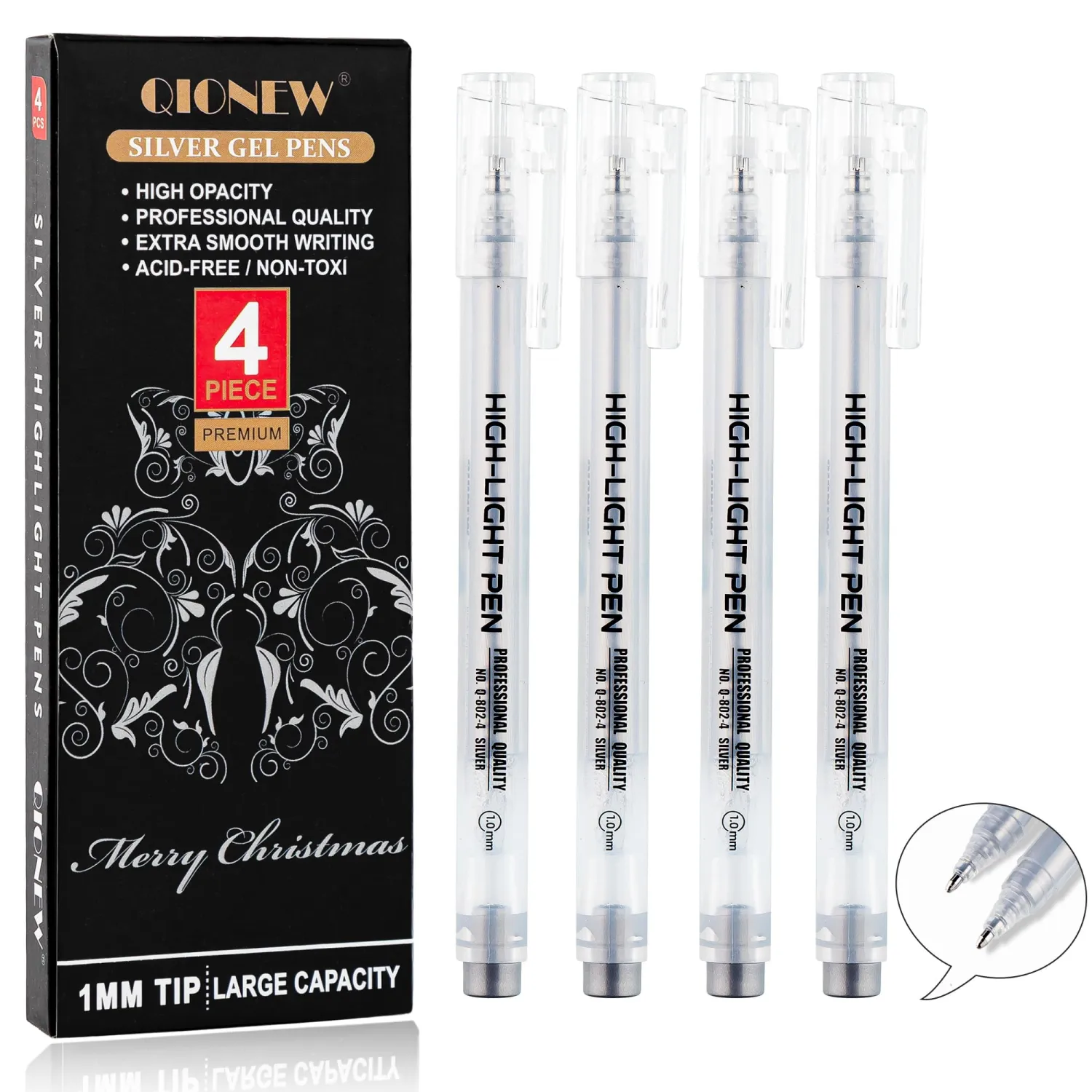 Qionew Silver Gel Pens, 1mm Fine Point Gel Pen,Opaque Silver Pens, 3 Pack | Opaque Ink Silver Pens, Gel Pen Set for Artists,for Black Paper Drawing, Card Making,Journaling, Coloring, Bullet Journaling