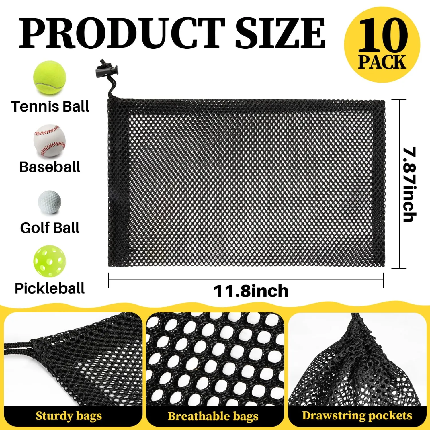 MAQIHAN 10PCS Mesh Drawstring Bags - Mesh Storage Nylon Bags Bulk | Net Bag Set for Tennis Balls, Golf Balls, Camping, Clothing, Swimming, Sports Gear, Tennis Ball, Golf Ball, Beach Storage