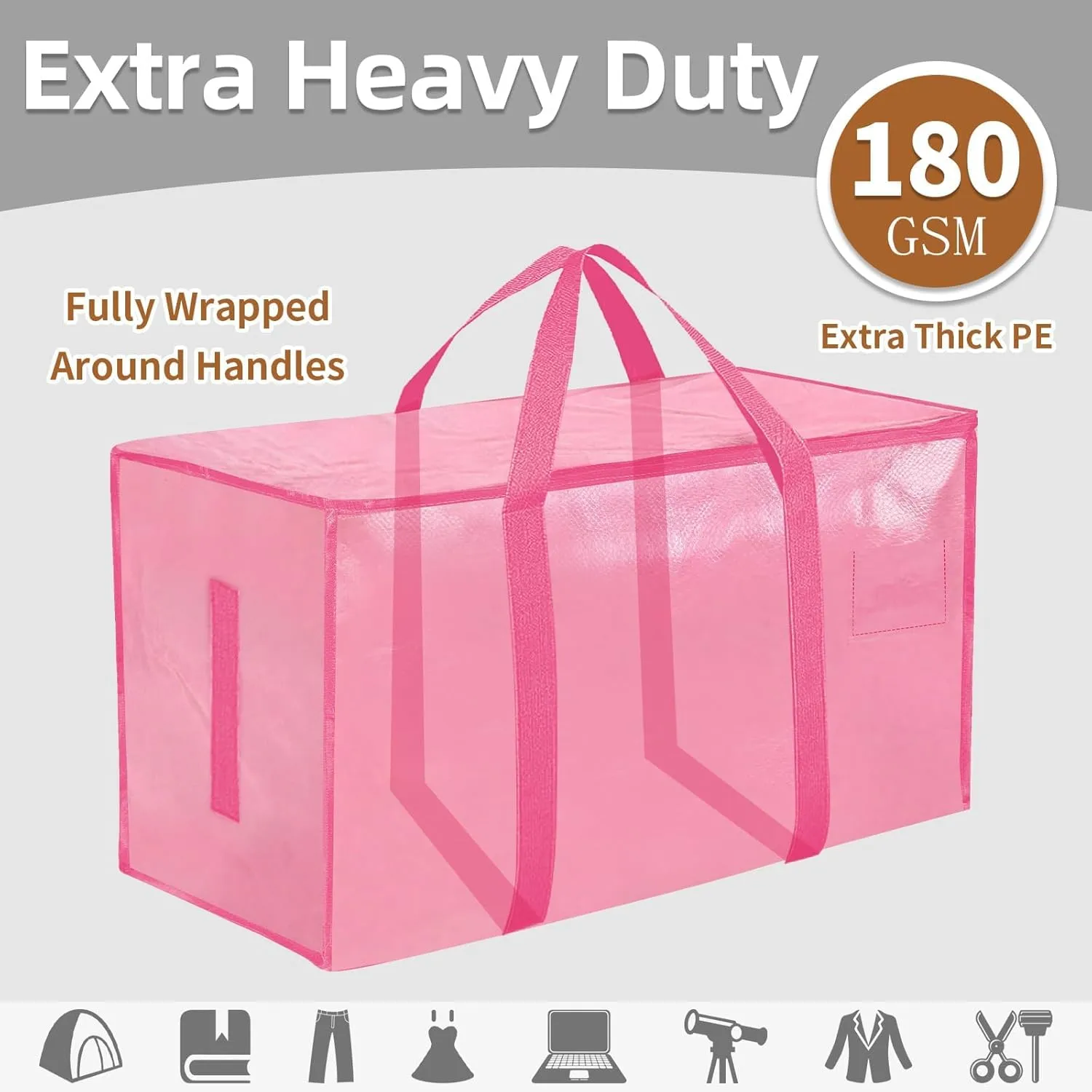 16 Pack-Extra Large Heavy Duty Moving Bags - Waterproof Storage Totes with Handles & Zippers, Foldable for College Dorm, Storage (Pink)