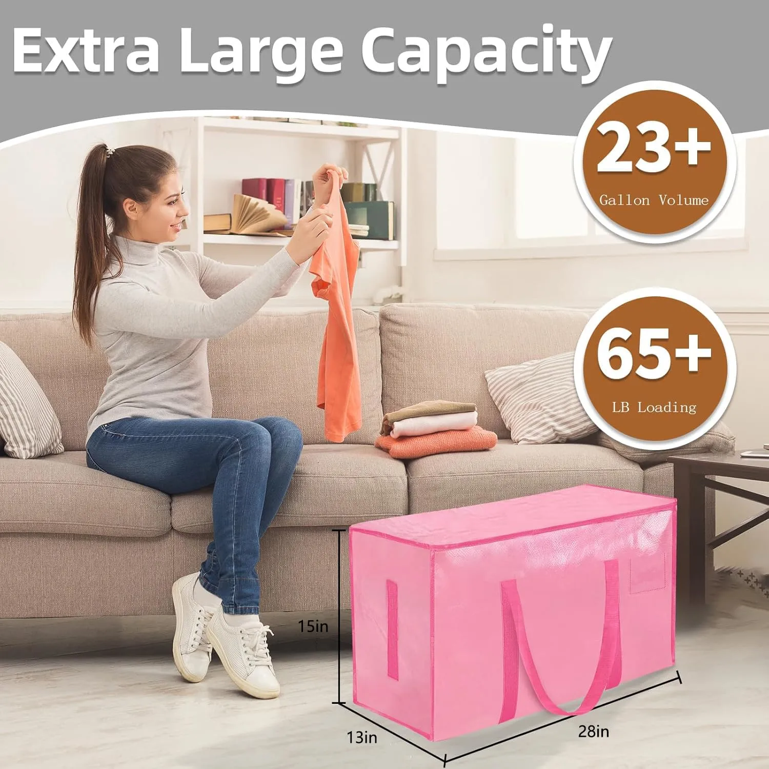 16 Pack-Extra Large Heavy Duty Moving Bags - Waterproof Storage Totes with Handles & Zippers, Foldable for College Dorm, Storage (Pink)