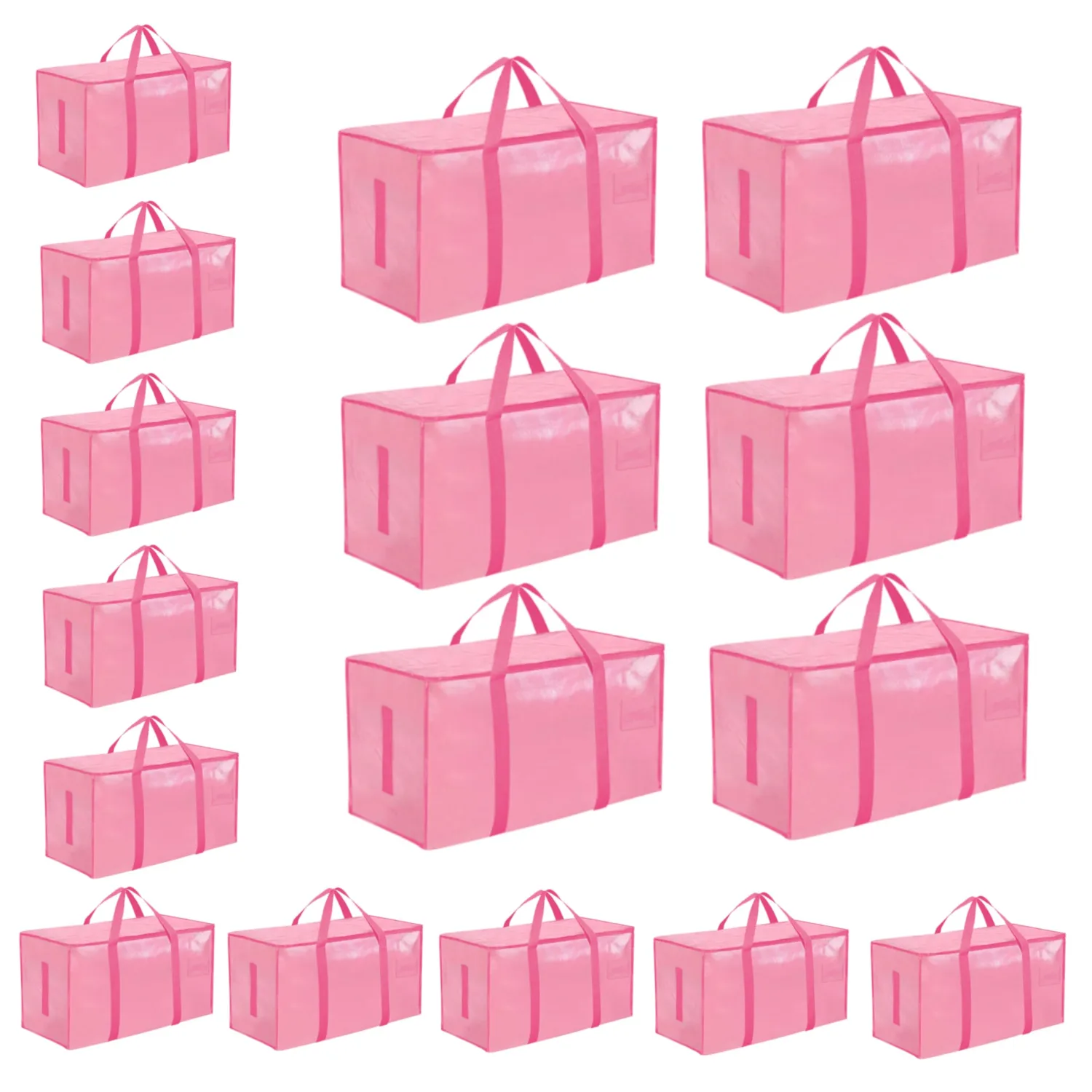 16 Pack-Extra Large Heavy Duty Moving Bags - Waterproof Storage Totes with Handles & Zippers, Foldable for College Dorm, Storage (Pink)
