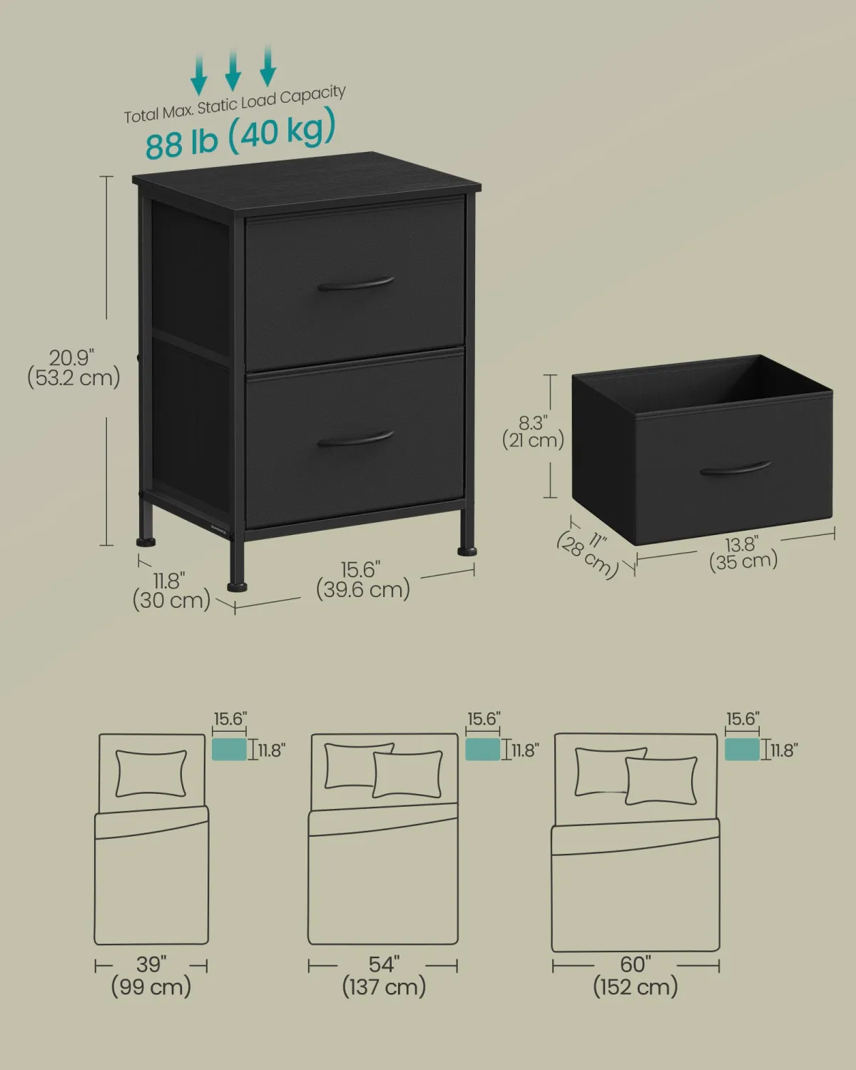 SONGMICS BELLAH Collection - Dressers for Bedroom, Chest of Drawers, Nightstands, 2 Drawers, Storage Organizer Unit, Closet, Entryway, Set of 2, Modern, Ink Black and Ebony Black ULGS112BH02S