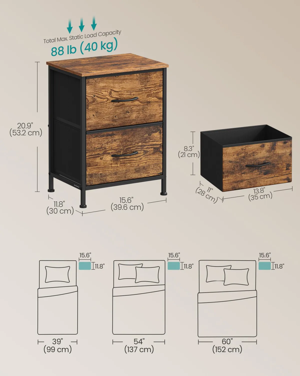 SONGMICS BELLAH Collection - Night Stand with 2 Drawers, Bedside Table, Side End Table, Nightstand for Bedroom, Industrial, Rustic Brown and Ink Black ULGS312B02S