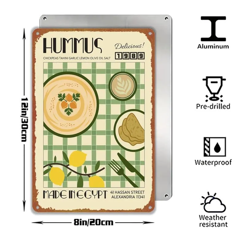 Vintage Hummus Food Art Metal Sign 8x12 Inch Aluminum Retro Egyptian Hummus Kitchen Wall Decor for Home Dining Room Cafe