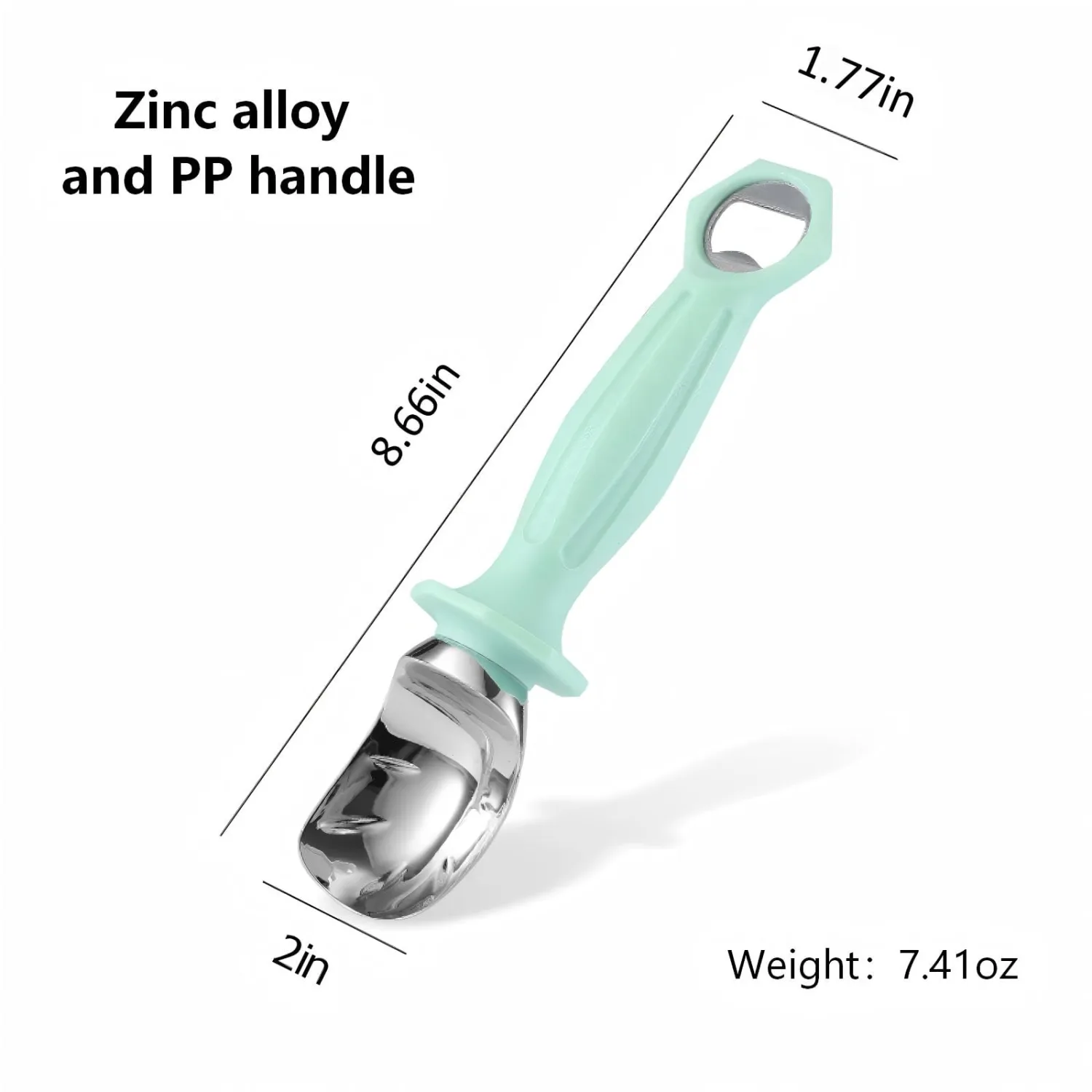 Ice Cream Toppings, Ice Cream Scoop with Bottle Opener,8.66 Inch,Green. | Heavy-Duty Zinc Alloy and PP Handle, For Ice Cream, Cookie Dough and Fruit Balls, Excellent Gift for Ice Cream Enthusiasts