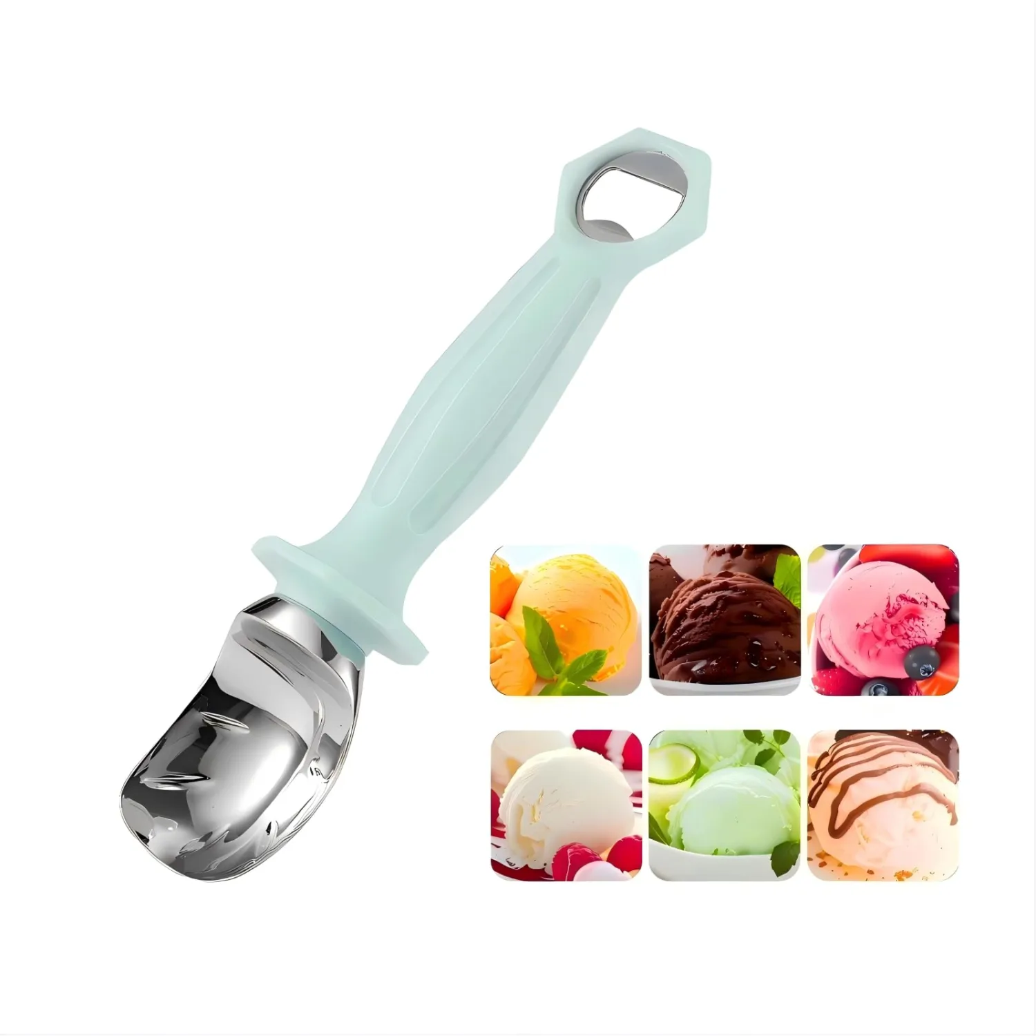 Ice Cream Toppings, Ice Cream Scoop with Bottle Opener,8.66 Inch,Green. | Heavy-Duty Zinc Alloy and PP Handle, For Ice Cream, Cookie Dough and Fruit Balls, Excellent Gift for Ice Cream Enthusiasts