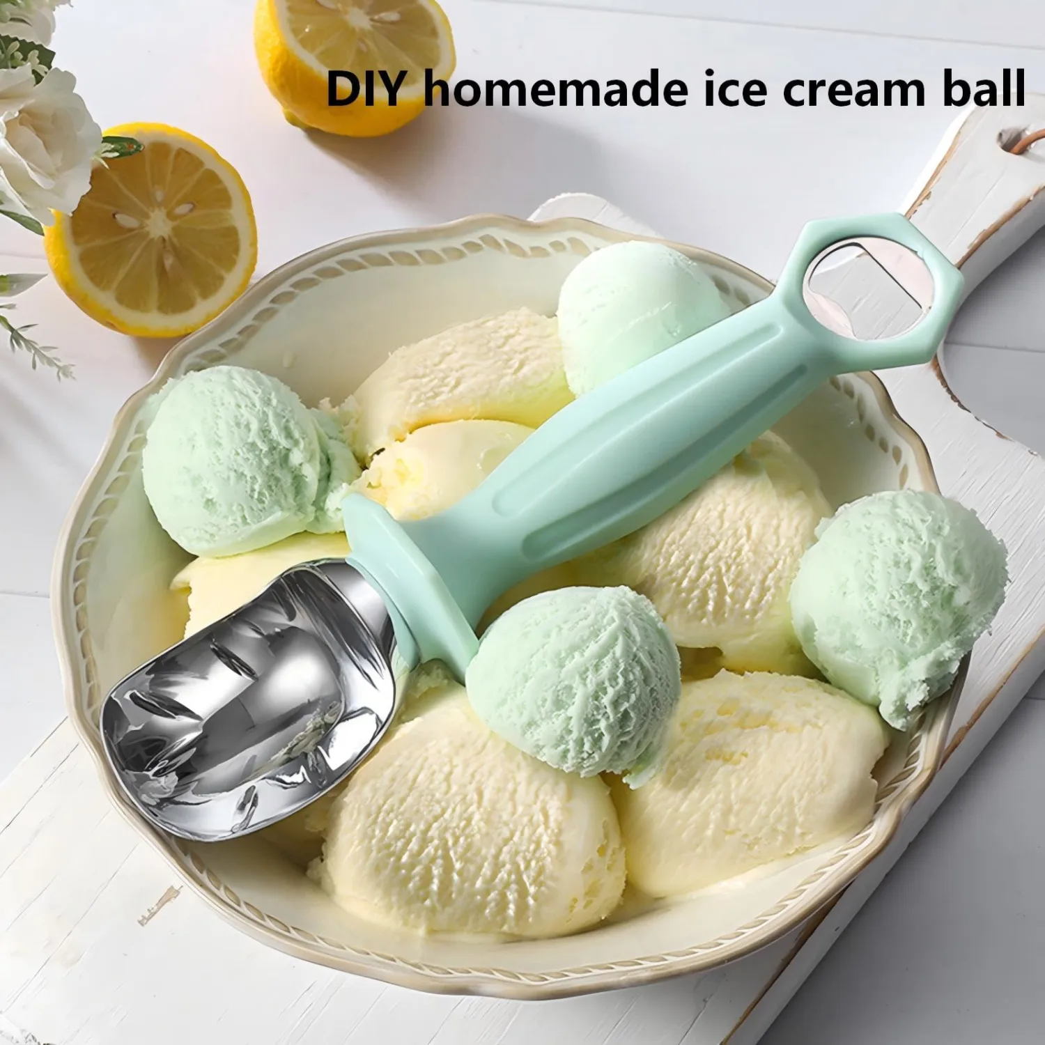 Ice Cream Toppings, Ice Cream Scoop with Bottle Opener,8.66 Inch,Green. | Heavy-Duty Zinc Alloy and PP Handle, For Ice Cream, Cookie Dough and Fruit Balls, Excellent Gift for Ice Cream Enthusiasts