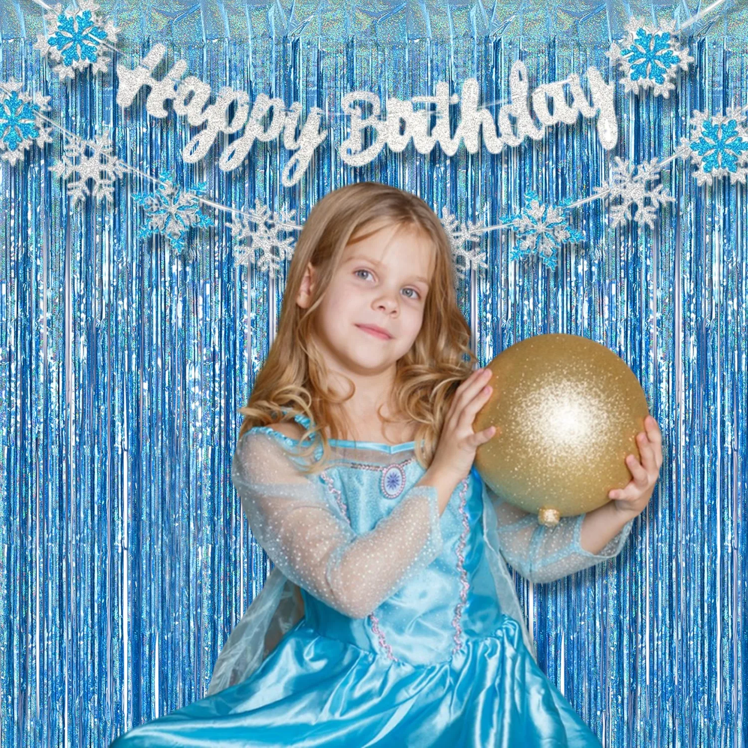 BRAVESHINE Light Blue Streamers Party Backdrop - 2 PCS Foil Fringe Curtains | 3.2x8.2ft Tinsel Curtain for Frozen/Mermaid/Boy/Baby/Birthday/Under Sea/Pool/Bachelorette/Engagement/Snowflake Decorations