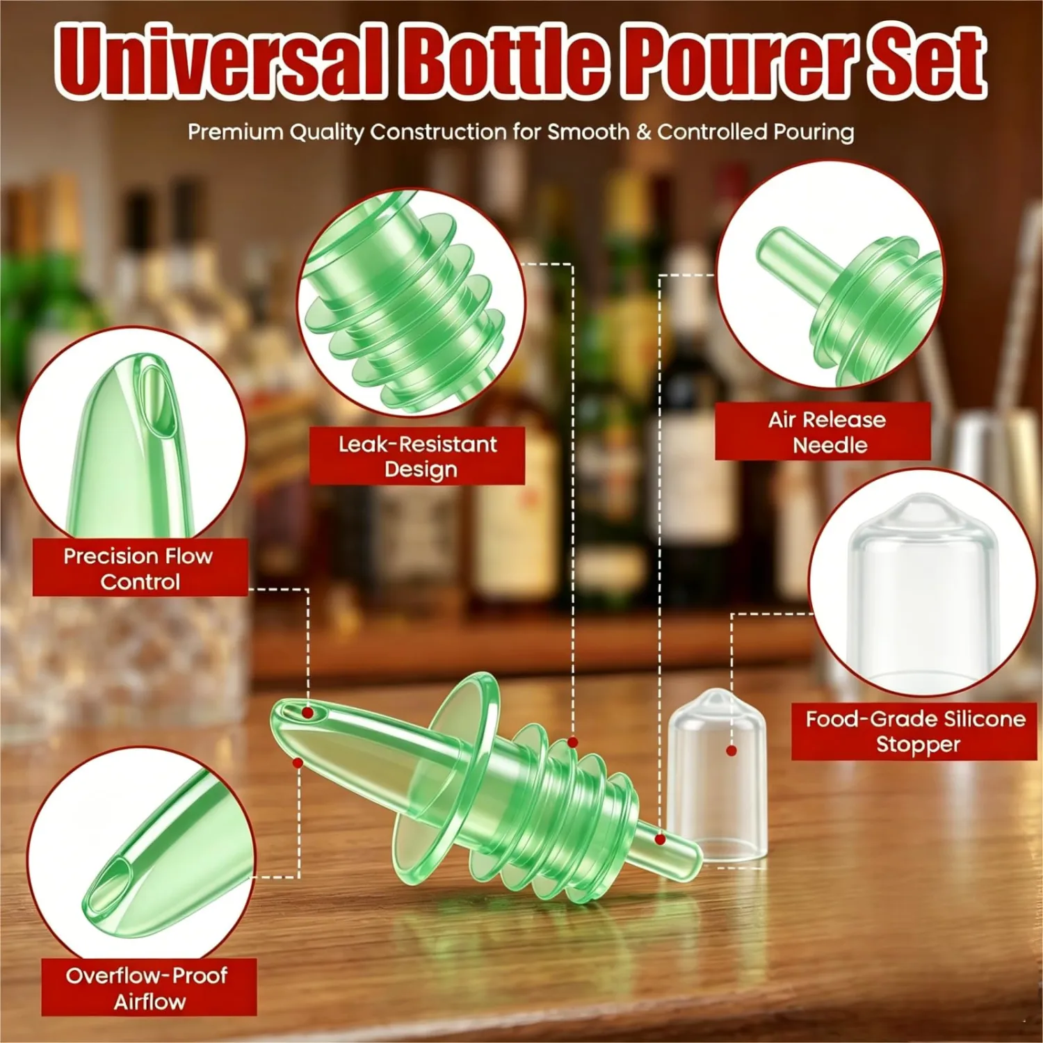 12PCS Precise Liquor Pour Spout, Multi-Purpose Bottle Pourer for Alcohol | 12 Green Precise Control Pourer with Dust Cap, Wine, Olive Oil, Syrup - Wine Aerator Pourer Dispenser For Bar & Kitchen