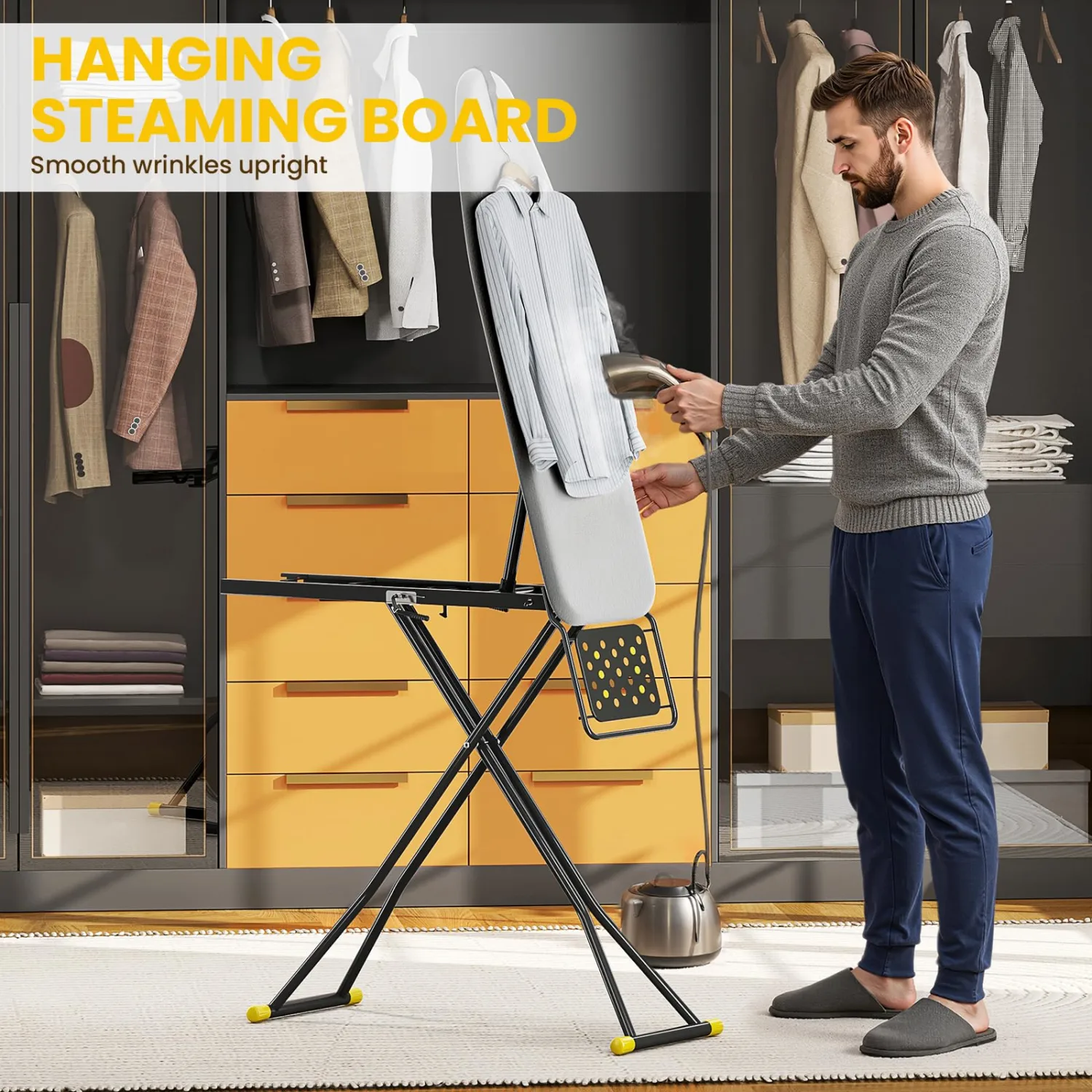 KINGBOARD 2-in-1 Stander & Steam Foldable Ironing Board with Iron Rest | 13 x 43 inchs, Height Adjustable, Alloy Structure, Non-Slip Feet, Space Saving for Laundry Rooms, Bedrooms, Dormitories