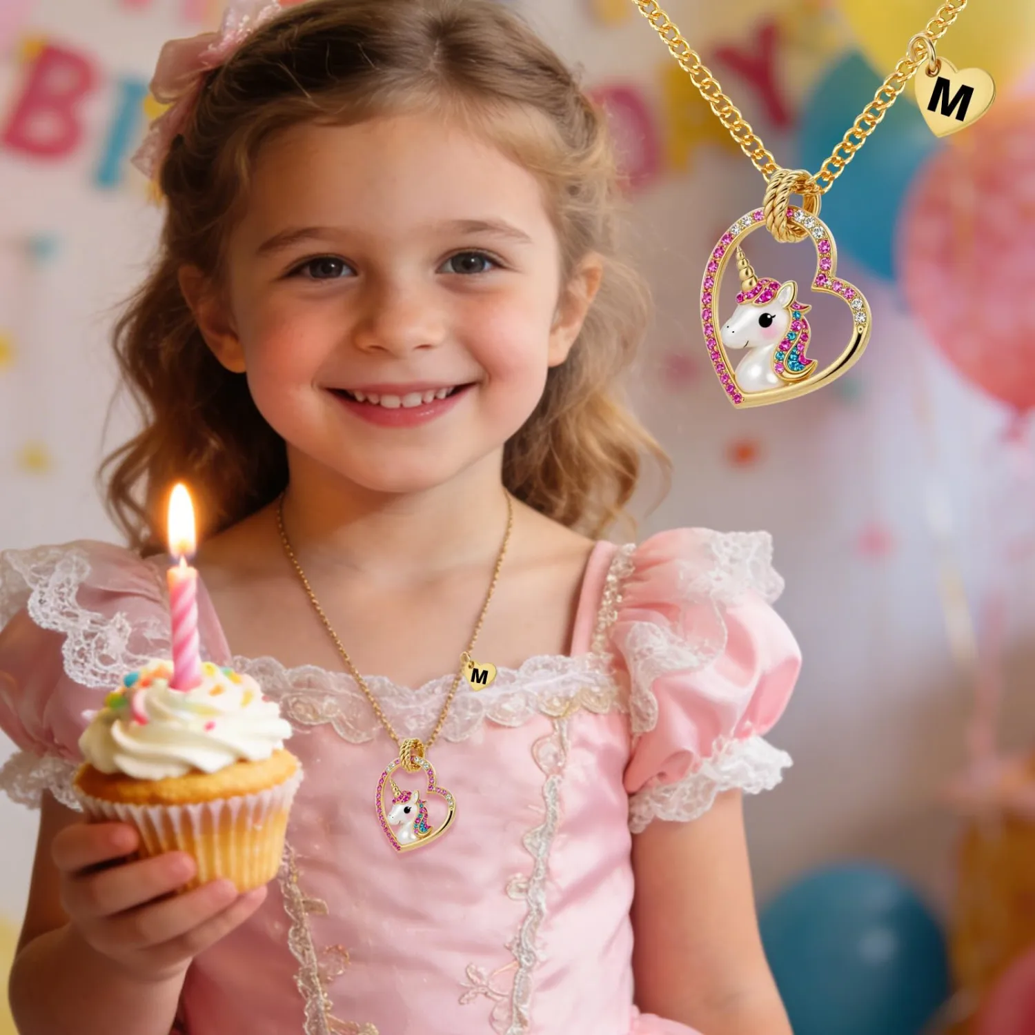 Cute Initial Necklaces for Girls - Colorful CZ Heart Pendant Necklace for Teen Preteen, Personalized Little Girls Jewelry Gifts for Kids