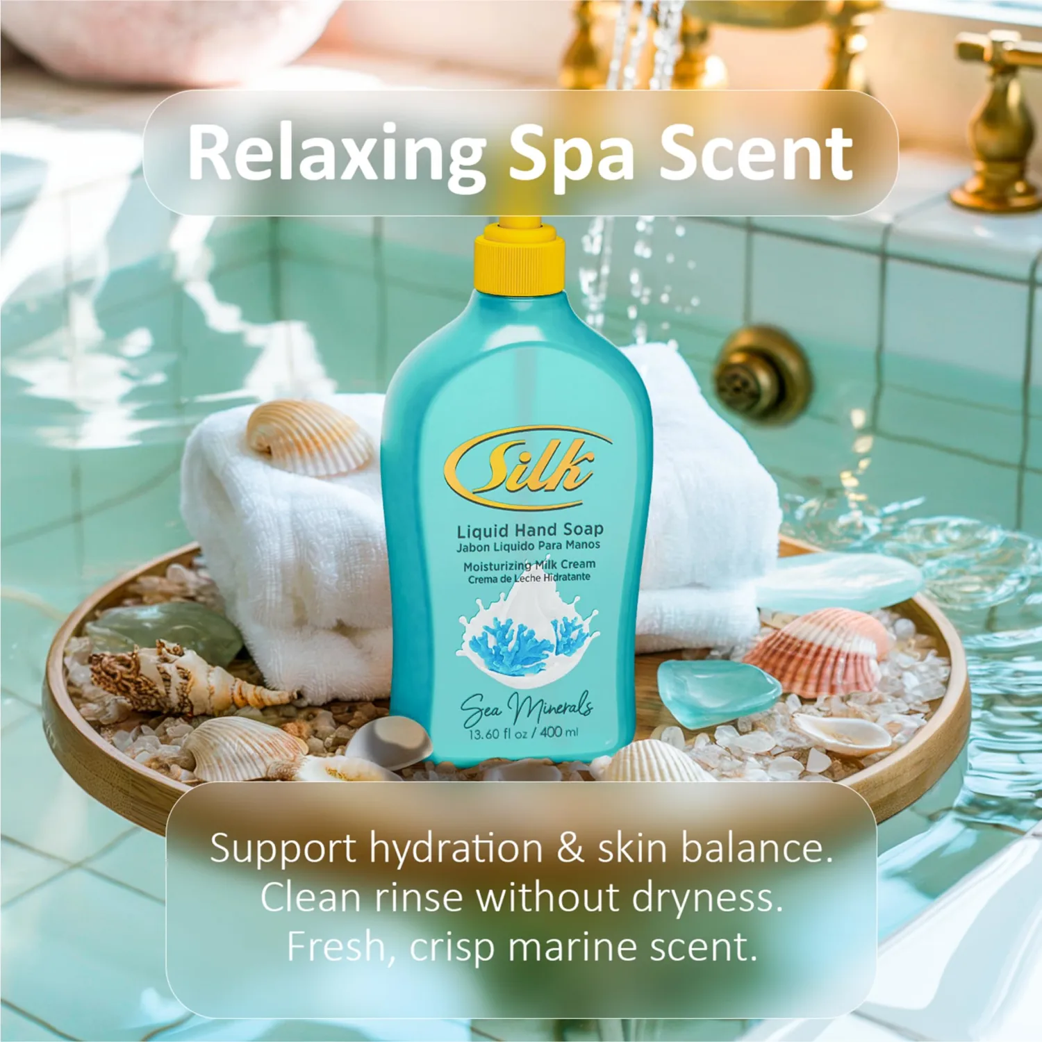 SILK Moisturizing Hand Soap, Liquid Hand Wash with Glycerin - Gentle Cleansing for Kitchen, Bathroom and Office, Rich Lather Pump Bottle, Sea Minerals Scent, 13.60 Fl Oz (Pack of 6)