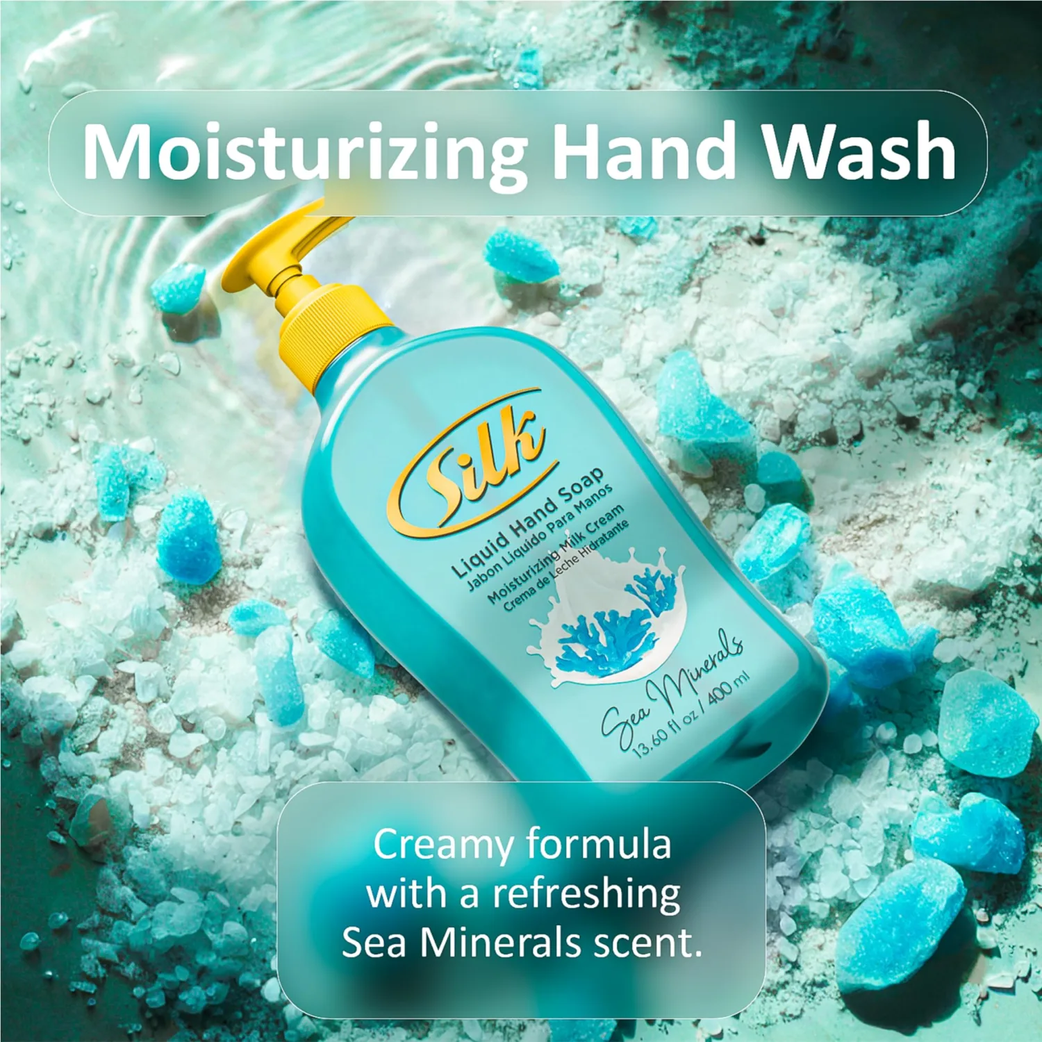 SILK Moisturizing Hand Soap, Liquid Hand Wash with Glycerin - Gentle Cleansing for Kitchen, Bathroom and Office, Rich Lather Pump Bottle, Sea Minerals Scent, 13.60 Fl Oz (Pack of 6)