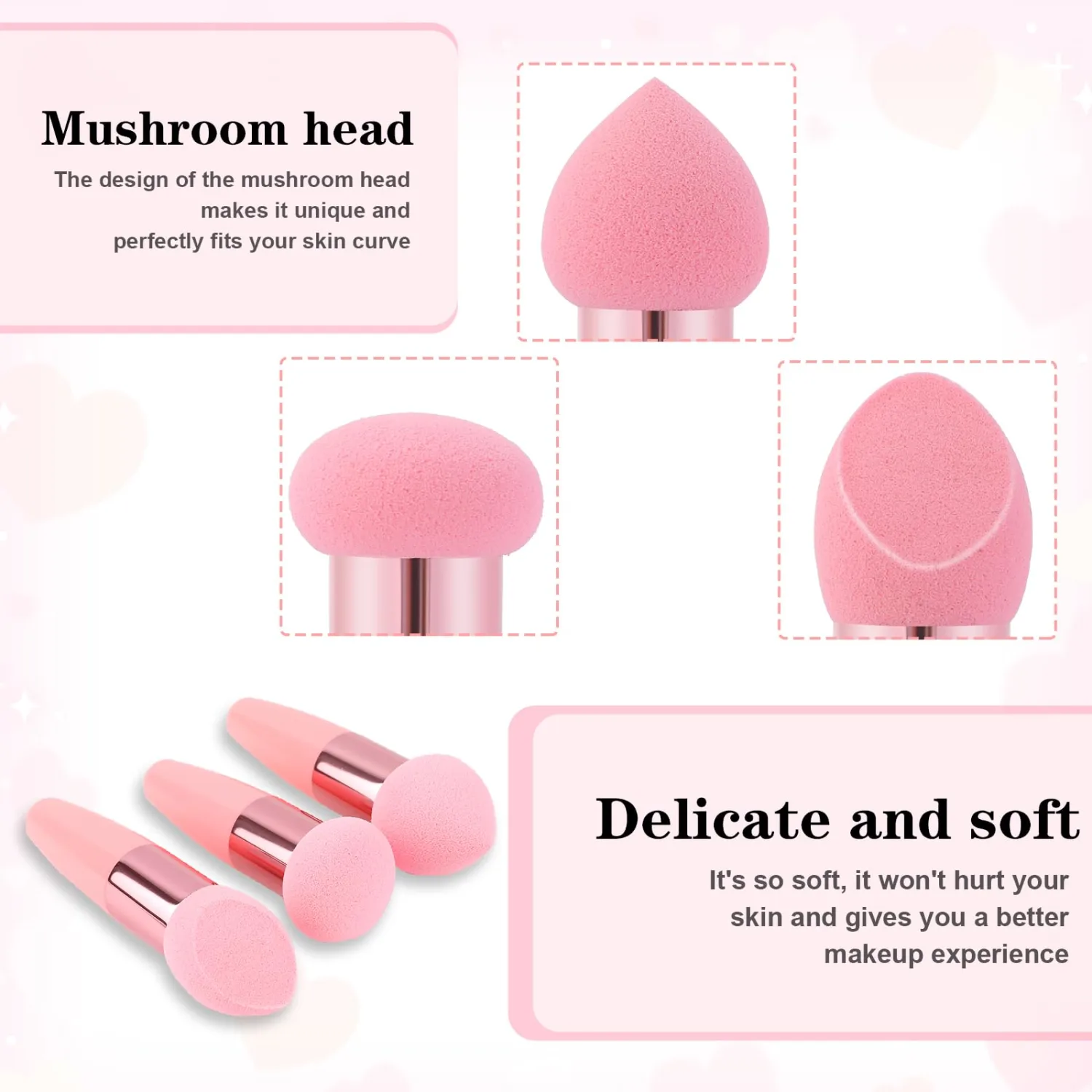 Oruola 3pcs Foundation Applicator, Makeup Sponge with Handle | Different Shapes of Makeup Applicator Sponge, Multipurpose Mushroom Powders Puff, Dry & Wet Use, for Powder Cream