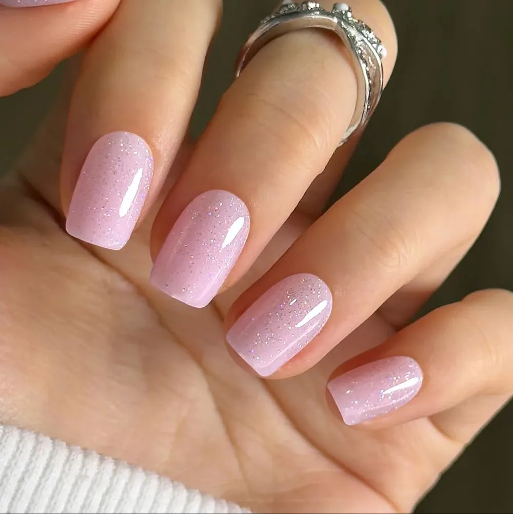 CurvLife Short Square Press On Nails, Fairy Veil Nude Pink, Soft Gel | 32PCS 16 Sizes, Salon-Quality Soft Gel Fake Nails, Curved Fit, 7-14 Day Glue-On Wear, Reusable Stick-On Nails, Press-On Kit