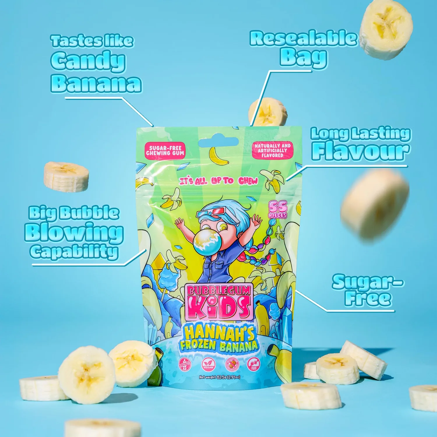 Bubblegum Kids Hannah's Frozen Banana Sugar Free Gum | Sugarless Gum with Xylitol | Vegan, Peanut Free, Low Calorie Candy Alternative for Kids & Adults | Resealable Bag, 55 Pieces Per Pack, 1 Pack