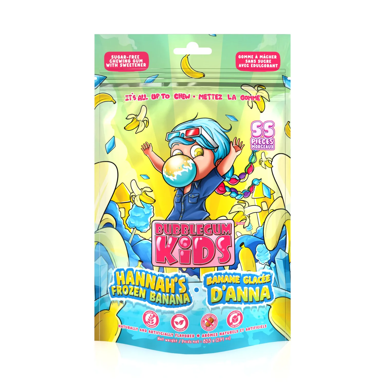 Bubblegum Kids Hannah's Frozen Banana Sugar Free Gum | Sugarless Gum with Xylitol | Vegan, Peanut Free, Low Calorie Candy Alternative for Kids & Adults | Resealable Bag, 55 Pieces Per Pack, 1 Pack