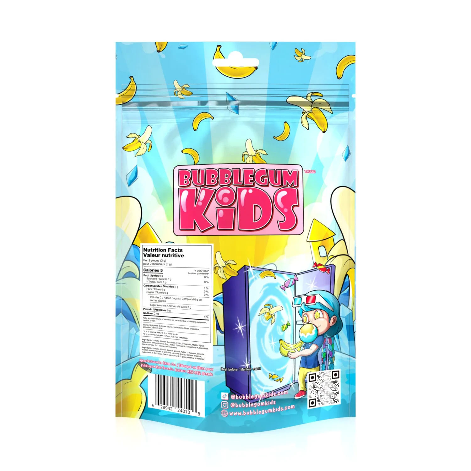 Bubblegum Kids Hannah's Frozen Banana Sugar Free Gum | Sugarless Gum with Xylitol | Vegan, Peanut Free, Low Calorie Candy Alternative for Kids & Adults | Resealable Bag, 55 Pieces Per Pack, 1 Pack