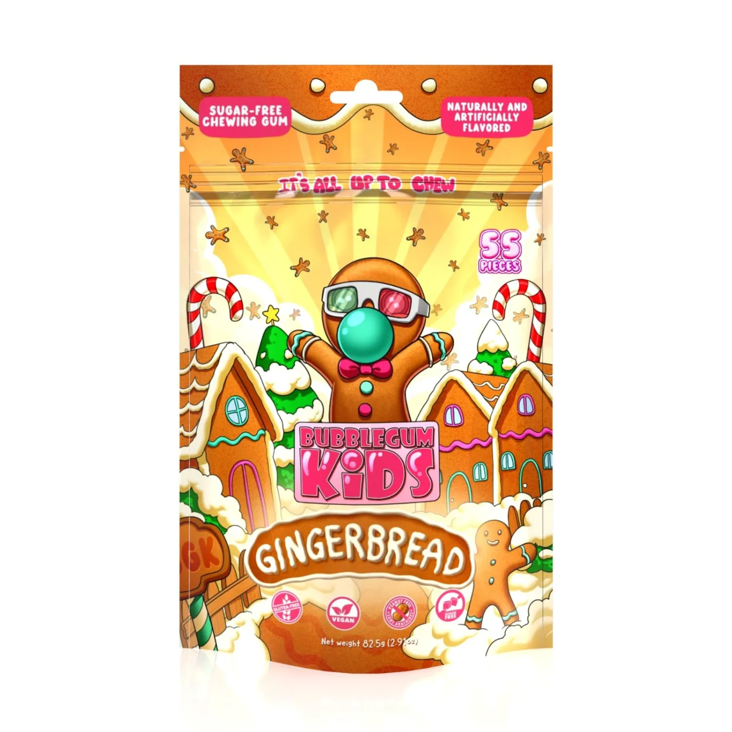 Bubblegum Kids Gingerbread Sugar Free Gum | Sugarless Gum with Xylitol | Vegan, Low Calorie Candy Alternative for Kids & Adults | Christmas Theme | Resealable Bag, 55 Pieces Per Pack, 1 Pack