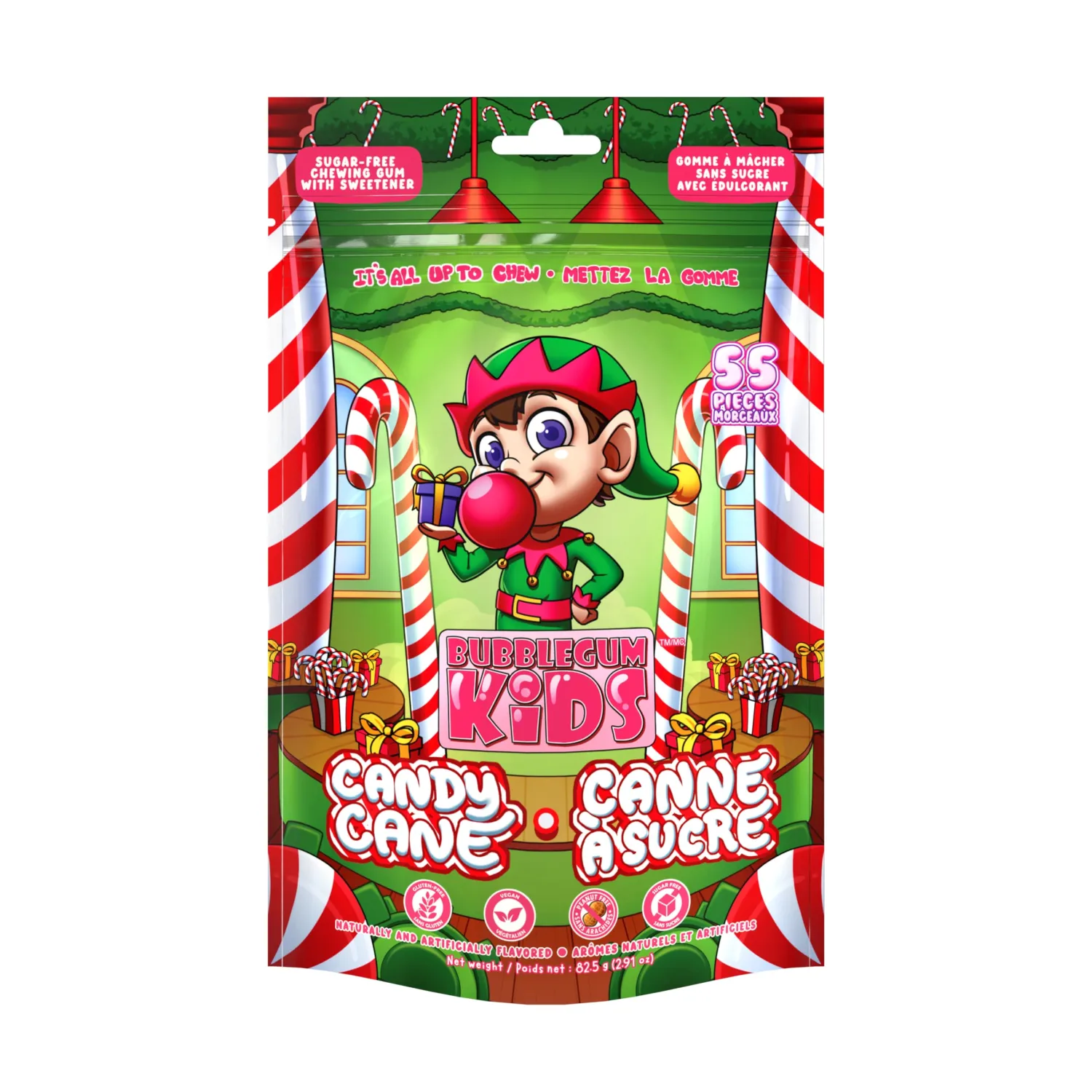 Bubblegum Kids Elf Candy Cane Sugar Free Gum | Sugarless Gum with Xylitol | Vegan, Low Calorie Candy Alternative for Kids & Adults | Christmas Theme | Resealable Bag, 55 Pieces Per Pack, 1 Pack