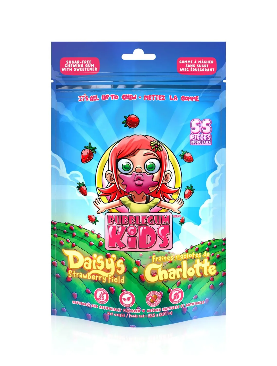 Bubblegum Kids Daisy's Strawberry Field Sugar Free Gum | Strawberry Flavor Sugarless Gum with Xylitol | Low Calorie Candy Alternative for Kids & Adults | Resealable Bag, 55 Pieces Per Pack, 1 Pack