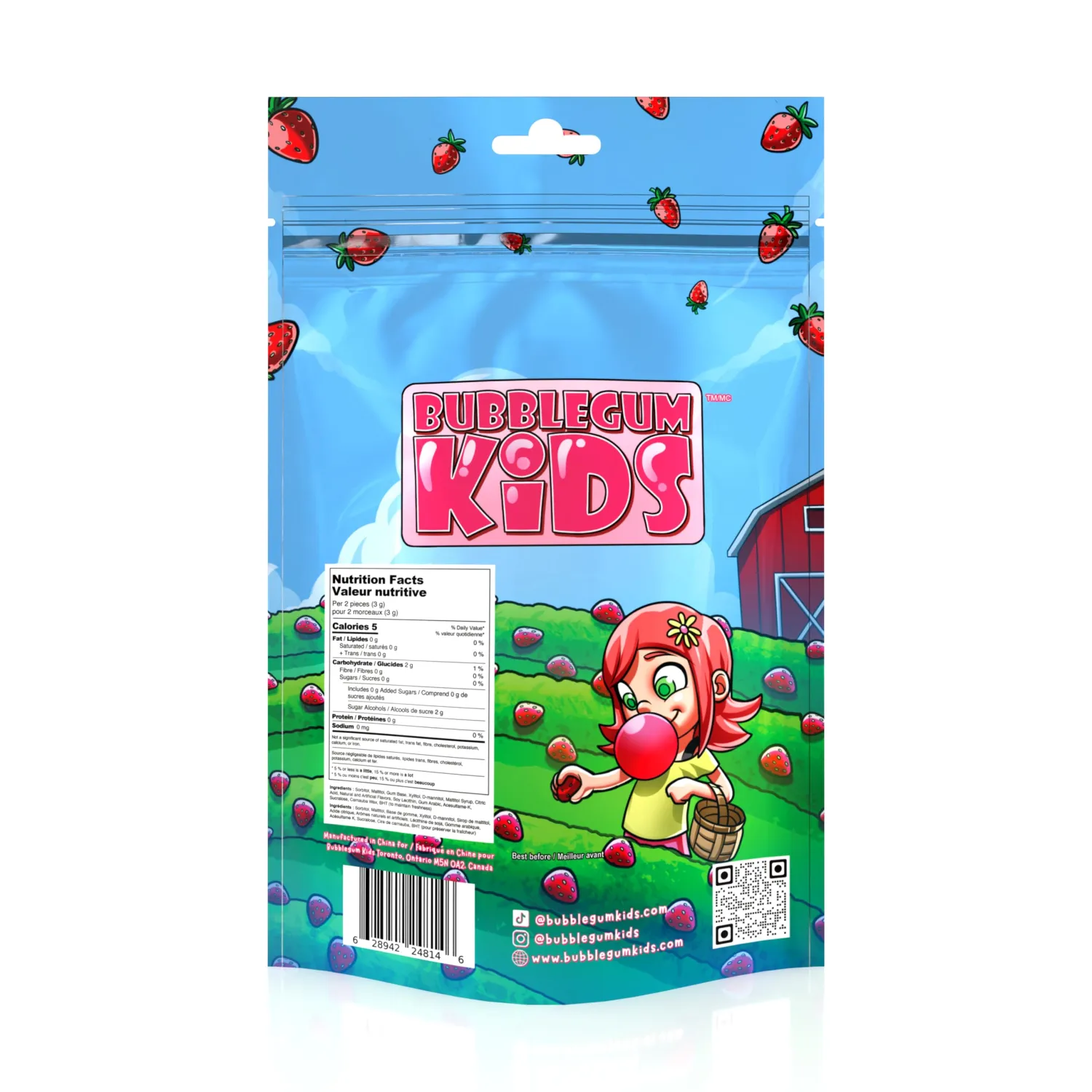 Bubblegum Kids Daisy's Strawberry Field Sugar Free Gum | Strawberry Flavor Sugarless Gum with Xylitol | Low Calorie Candy Alternative for Kids & Adults | Resealable Bag, 55 Pieces Per Pack, 1 Pack