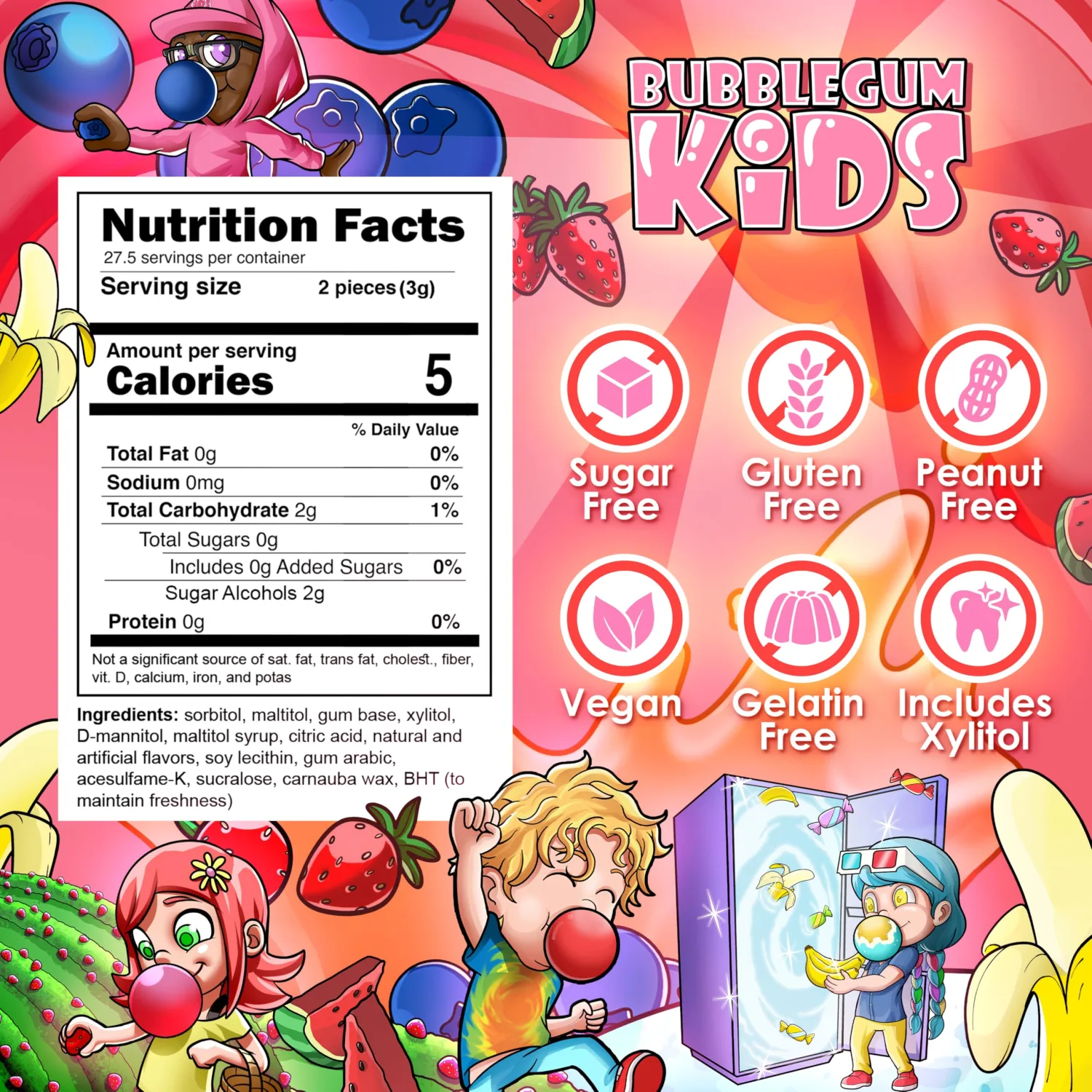 Bubblegum Kids Daisy's Strawberry Field Sugar Free Gum | Strawberry Flavor Sugarless Gum with Xylitol | Low Calorie Candy Alternative for Kids & Adults | Resealable Bag, 55 Pieces Per Pack, 1 Pack