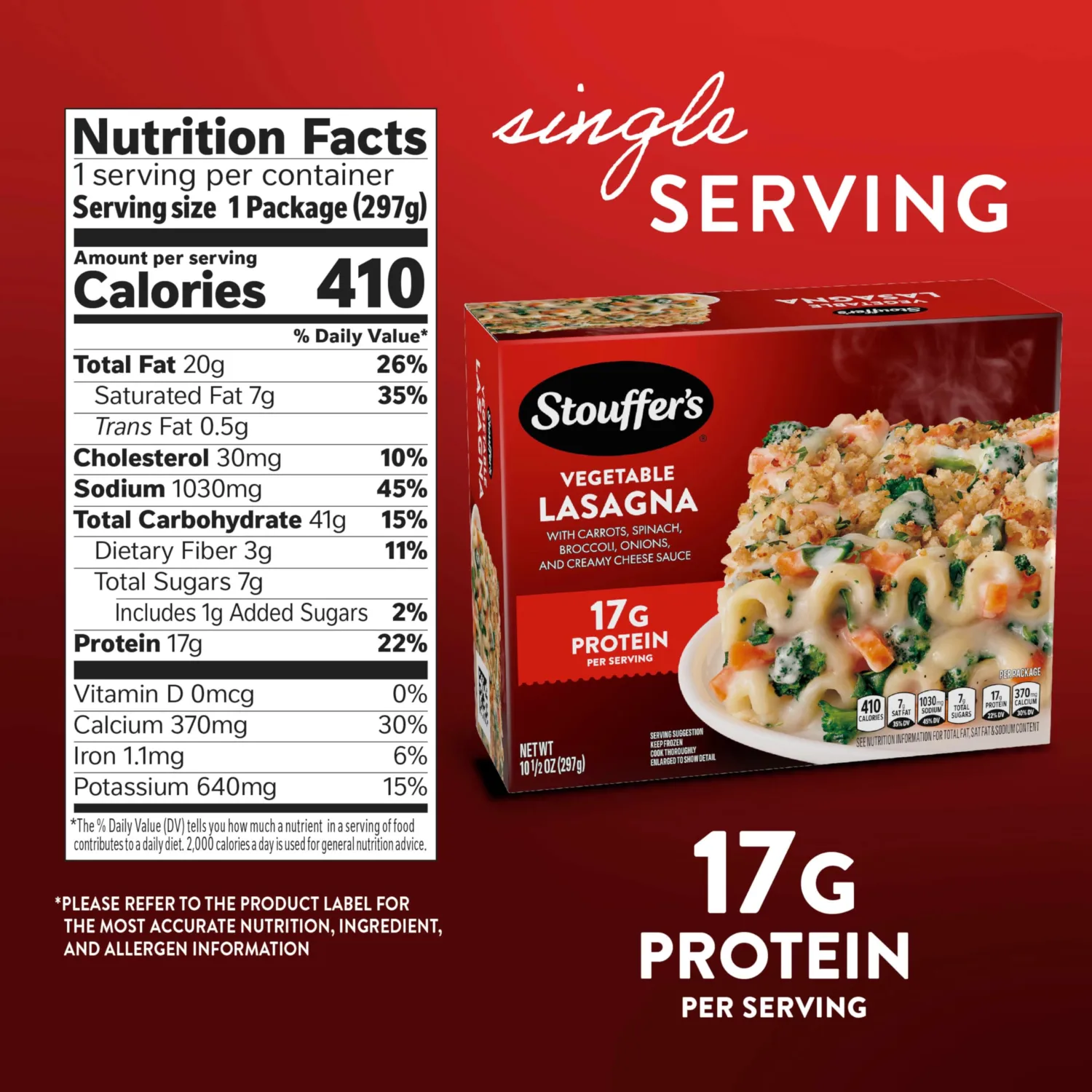 Stouffer's Vegetable Lasagna, Single Serve Frozen Meal, 10.5 Oz