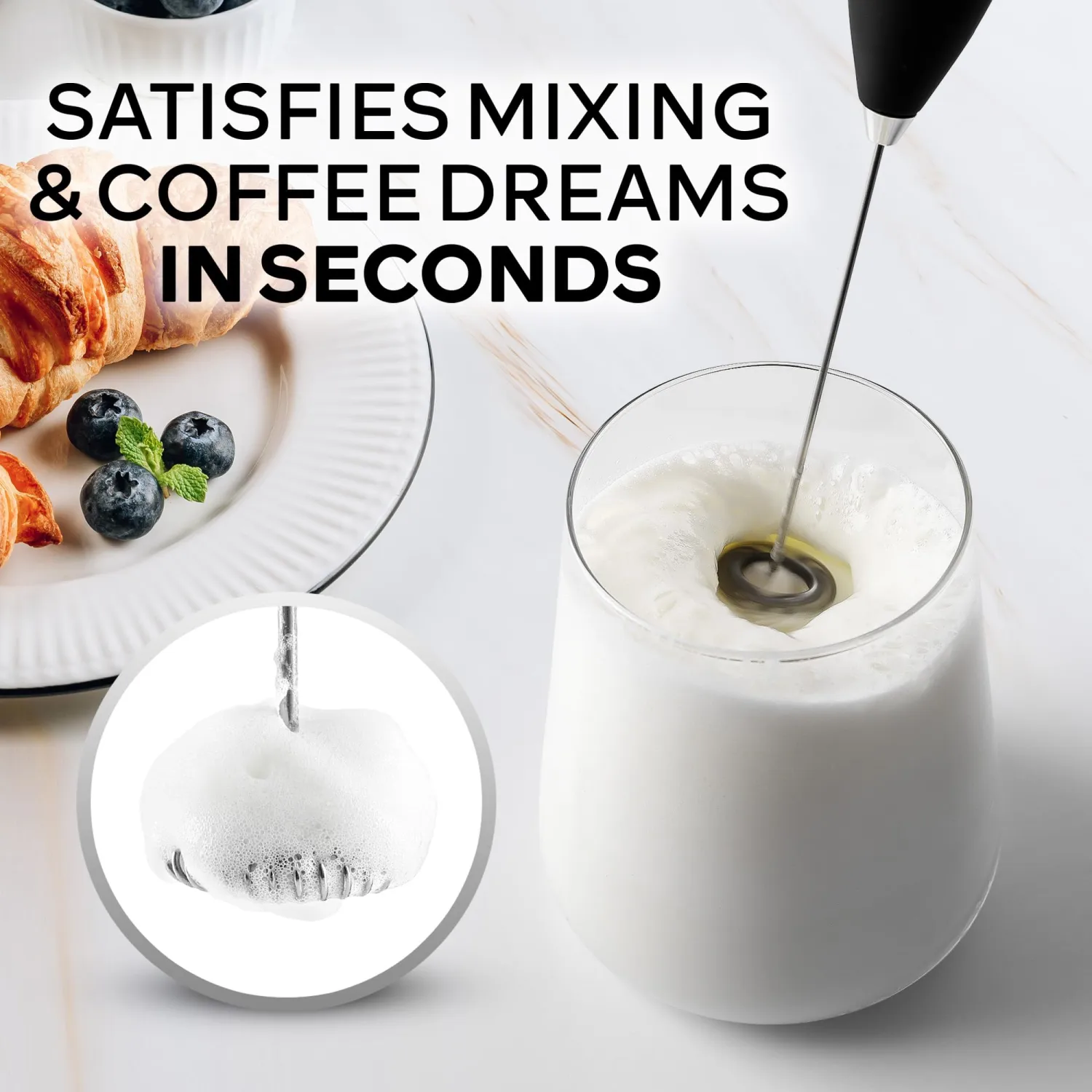 Zulay Kitchen Powerful Milk Frother Wand With Duracell Batteries - Ultra Fast Handheld Drink Mixer - Electric Whisk Foam Maker for Coffee, Lattes, Cappuccino & Matcha - Z1 Motor - Metallic Black