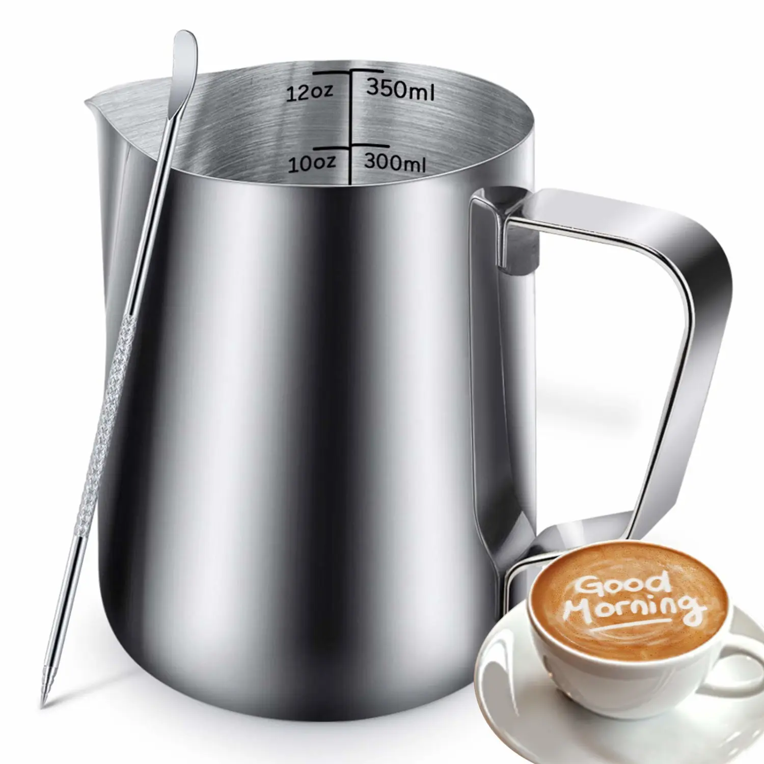 12oz Milk Frothing Pitcher, Stainless Steel Espresso Latte Cup Steaming Pitcher Creamer Cups, Milk Frother Cup Espresso Machine Accessories Barista Tools Jug for Coffee Cappuccino with Latte Art Pen