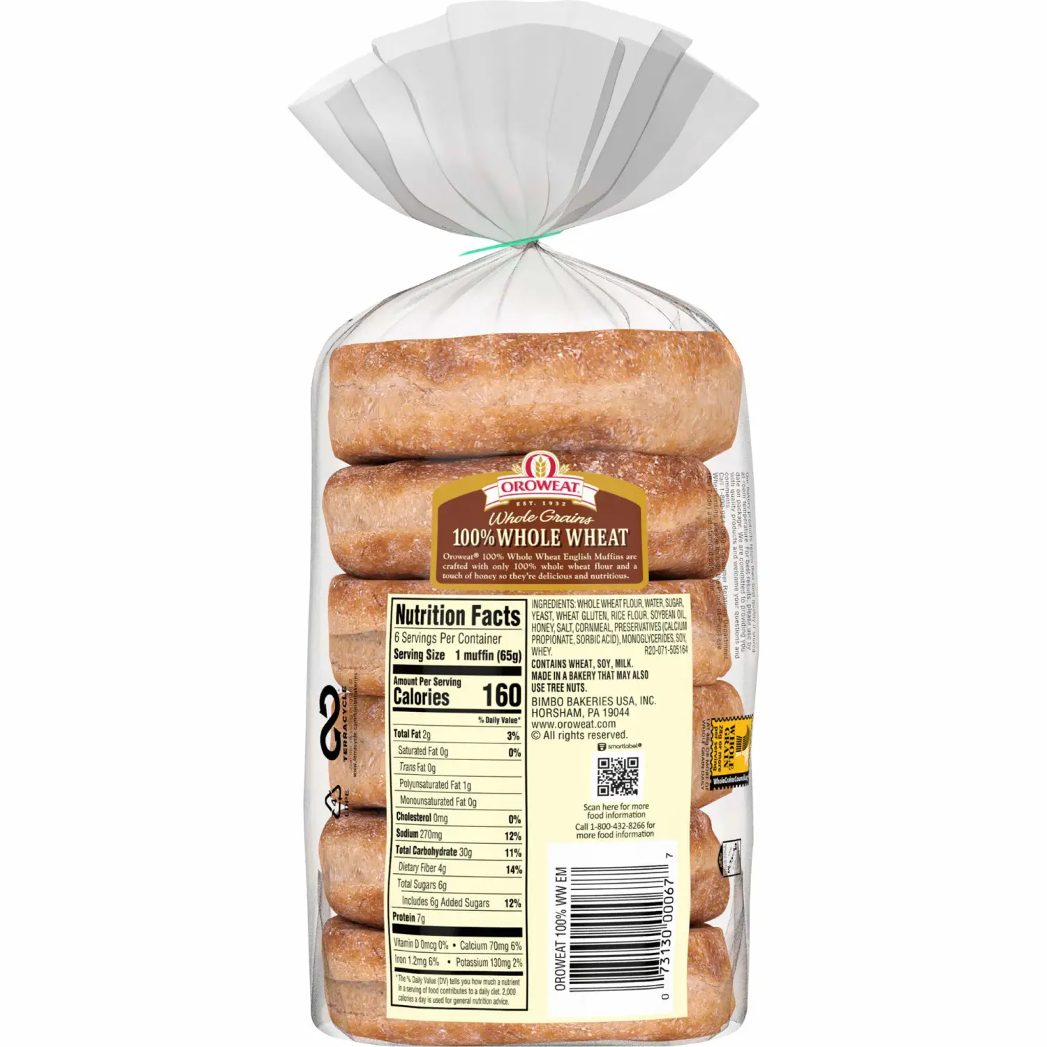 Oroweat Whole Grains Whole Wheat English Muffins, 6 count, (2.29 oz each), Pre-sliced English Muffins, 13.75 oz Bag