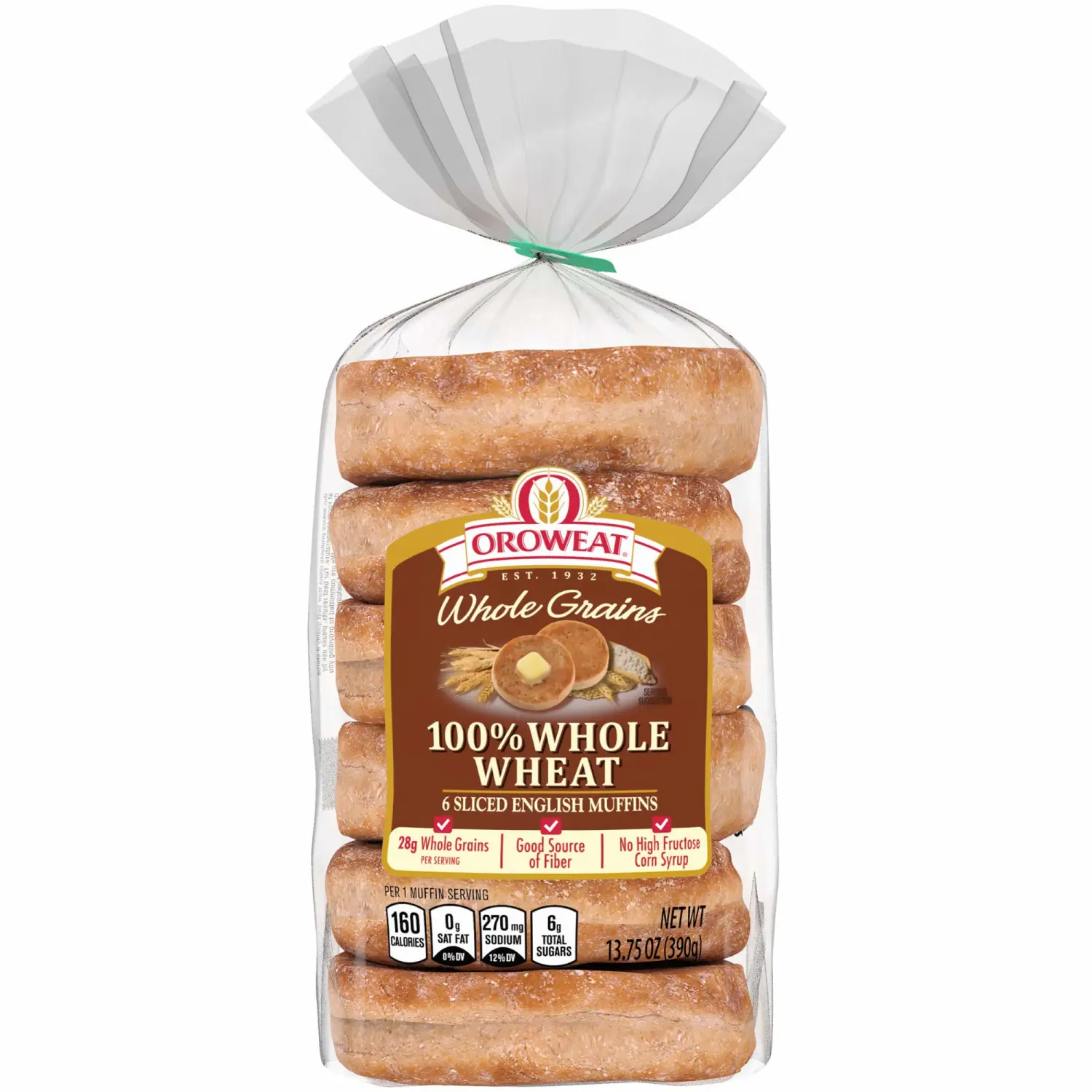 Oroweat Whole Grains Whole Wheat English Muffins, 6 count, (2.29 oz each), Pre-sliced English Muffins, 13.75 oz Bag