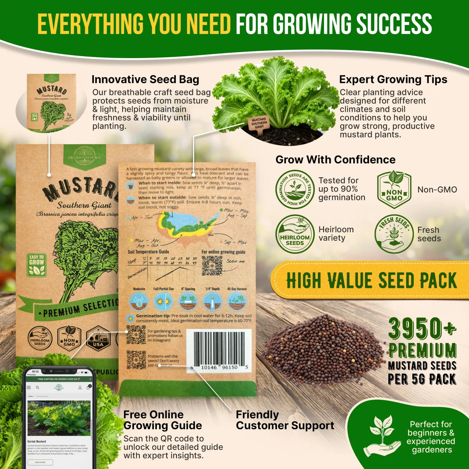 Mustard Southern Giant Seeds Pack 5 G - Over 3,950 Non-GMO Heirloom Mustard Seeds for Planting Greens in Individual Seed Packet, Greens Seeds for Planting Home Garden Indoor & Outdoor